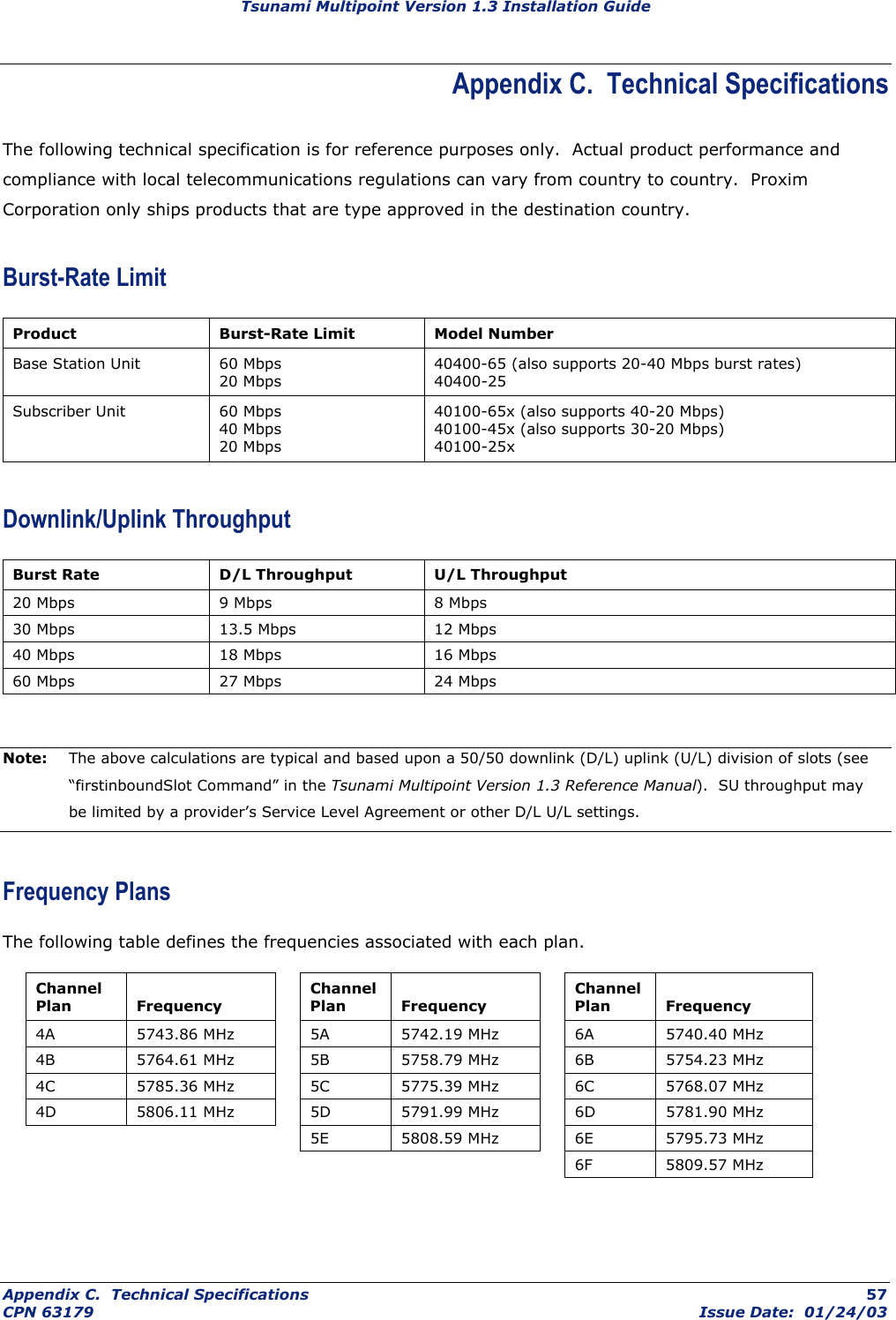 Tsunami Multipoint Version 1.3 Installation Guide Appendix C.  Technical Specifications The following technical specification is for reference purposes only.  Actual product performance and compliance with local telecommunications regulations can vary from country to country.  Proxim Corporation only ships products that are type approved in the destination country. Burst-Rate Limit Product  Burst-Rate Limit  Model Number Base Station Unit  60 Mbps 20 Mbps 40400-65 (also supports 20-40 Mbps burst rates) 40400-25 Subscriber Unit  60 Mbps 40 Mbps 20 Mbps 40100-65x (also supports 40-20 Mbps) 40100-45x (also supports 30-20 Mbps) 40100-25x  Downlink/Uplink Throughput Burst Rate  D/L Throughput  U/L Throughput 20 Mbps  9 Mbps  8 Mbps 30 Mbps  13.5 Mbps  12 Mbps 40 Mbps  18 Mbps  16 Mbps 60 Mbps  27 Mbps  24 Mbps  Note:  The above calculations are typical and based upon a 50/50 downlink (D/L) uplink (U/L) division of slots (see “firstinboundSlot Command” in the Tsunami Multipoint Version 1.3 Reference Manual).  SU throughput may be limited by a provider’s Service Level Agreement or other D/L U/L settings. Frequency Plans The following table defines the frequencies associated with each plan. Channel Plan  Frequency  Channel Plan  Frequency  Channel Plan  Frequency 4A  5743.86 MHz    5A  5742.19 MHz    6A  5740.40 MHz 4B  5764.61 MHz    5B  5758.79 MHz    6B  5754.23 MHz 4C  5785.36 MHz    5C  5775.39 MHz    6C  5768.07 MHz 4D  5806.11 MHz    5D  5791.99 MHz    6D  5781.90 MHz      5E  5808.59 MHz   6E  5795.73 MHz       6F 5809.57 MHz  Appendix C.  Technical Specifications  57 CPN 63179  Issue Date:  01/24/03 