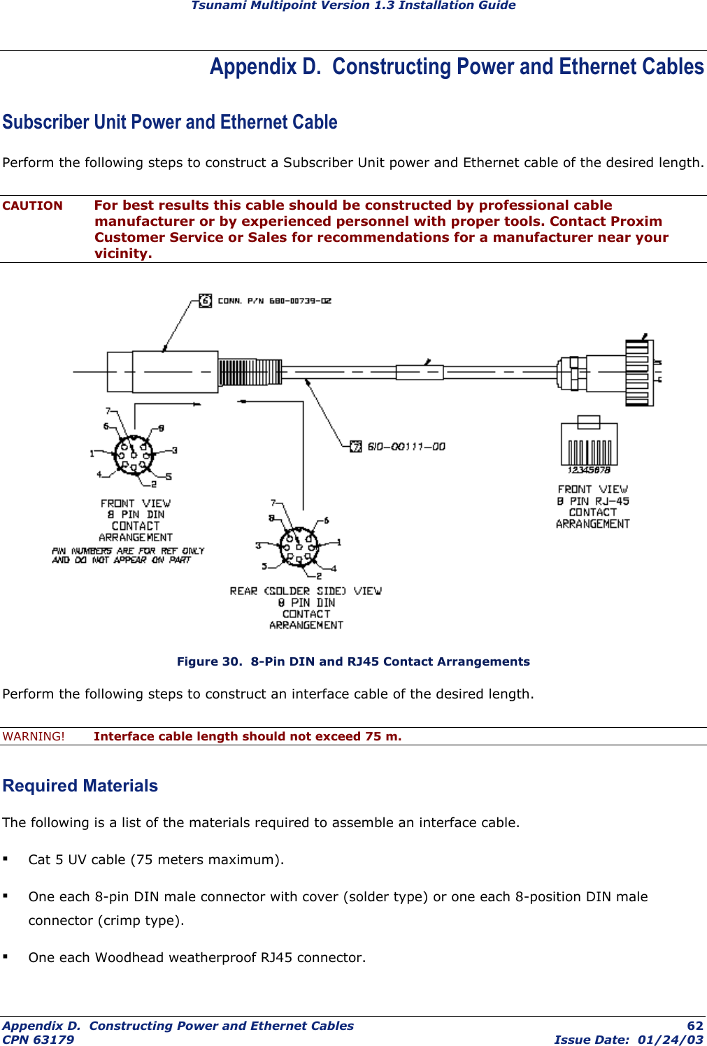 Tsunami Multipoint Version 1.3 Installation Guide Appendix D.  Constructing Power and Ethernet Cables Subscriber Unit Power and Ethernet Cable Perform the following steps to construct a Subscriber Unit power and Ethernet cable of the desired length. CAUTION For best results this cable should be constructed by professional cable manufacturer or by experienced personnel with proper tools. Contact Proxim Customer Service or Sales for recommendations for a manufacturer near your vicinity.  Figure 30.  8-Pin DIN and RJ45 Contact Arrangements Perform the following steps to construct an interface cable of the desired length. WARNING!  Interface cable length should not exceed 75 m. Required Materials The following is a list of the materials required to assemble an interface cable. ▪ Cat 5 UV cable (75 meters maximum). ▪ One each 8-pin DIN male connector with cover (solder type) or one each 8-position DIN male connector (crimp type). ▪ One each Woodhead weatherproof RJ45 connector. Appendix D.  Constructing Power and Ethernet Cables  62 CPN 63179  Issue Date:  01/24/03 