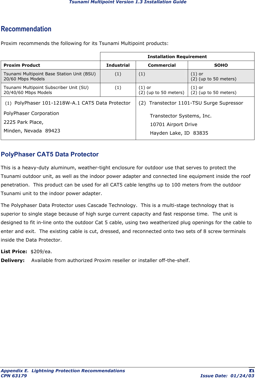 Tsunami Multipoint Version 1.3 Installation Guide Recommendation Proxim recommends the following for its Tsunami Multipoint products:  Installation Requirement Proxim Product  Industrial  Commercial  SOHO Tsunami Multipoint Base Station Unit (BSU) 20/60 Mbps Models (1)  (1)  (1) or  (2) (up to 50 meters) Tsunami Multipoint Subscriber Unit (SU) 20/40/60 Mbps Models (1)  (1) or  (2) (up to 50 meters) (1) or  (2) (up to 50 meters)  (1)  PolyPhaser 101-1218W-A.1 CAT5 Data Protector PolyPhaser Corporation 2225 Park Place,  Minden, Nevada  89423 (2)  Transtector 1101-TSU Surge Supressor  Transtector Systems, Inc. 10701 Airport Drive Hayden Lake, ID  83835  PolyPhaser CAT5 Data Protector This is a heavy-duty aluminum, weather-tight enclosure for outdoor use that serves to protect the Tsunami outdoor unit, as well as the indoor power adapter and connected line equipment inside the roof penetration.  This product can be used for all CAT5 cable lengths up to 100 meters from the outdoor Tsunami unit to the indoor power adapter. The Polyphaser Data Protector uses Cascade Technology.  This is a multi-stage technology that is superior to single stage because of high surge current capacity and fast response time.  The unit is designed to fit in-line onto the outdoor Cat 5 cable, using two weatherized plug openings for the cable to enter and exit.  The existing cable is cut, dressed, and reconnected onto two sets of 8 screw terminals inside the Data Protector. List Price:  $209/ea. Delivery:    Available from authorized Proxim reseller or installer off-the-shelf. Appendix E.  Lightning Protection Recommendations  C- CPN 63179  Issue Date:  01/24/03 71