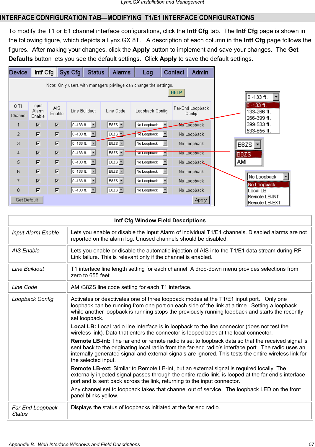 Lynx.GX Installation and Management INTERFACE CONFIGURATION TAB—MODIFYING  T1/E1 INTERFACE CONFIGURATIONS To modify the T1 or E1 channel interface configurations, click the Intf Cfg tab.  The Intf Cfg page is shown in the following figure, which depicts a Lynx.GX 8T.   A description of each column in the Intf Cfg page follows the figures.  After making your changes, click the Apply button to implement and save your changes.  The Get Defaults button lets you see the default settings.  Click Apply to save the default settings.     Intf Cfg Window Field Descriptions Input Alarm Enable  Lets you enable or disable the Input Alarm of individual T1/E1 channels. Disabled alarms are not reported on the alarm log. Unused channels should be disabled. AIS Enable  Lets you enable or disable the automatic injection of AIS into the T1/E1 data stream during RF Link failure. This is relevant only if the channel is enabled. Line Buildout  T1 interface line length setting for each channel. A drop-down menu provides selections from zero to 655 feet. Line Code  AMI/B8ZS line code setting for each T1 interface. Loopback Config  Activates or deactivates one of three loopback modes at the T1/E1 input port.   Only one loopback can be running from one port on each side of the link at a time.  Setting a loopback while another loopback is running stops the previously running loopback and starts the recently set loopback. Local LB: Local radio line interface is in loopback to the line connector (does not test the wireless link). Data that enters the connector is looped back at the local connector. Remote LB-int: The far end or remote radio is set to loopback data so that the received signal is sent back to the originating local radio from the far-end radio’s interface port.  The radio uses an internally generated signal and external signals are ignored. This tests the entire wireless link for the selected input. Remote LB-ext: Similar to Remote LB-int, but an external signal is required locally. The externally injected signal passes through the entire radio link, is looped at the far end’s interface port and is sent back across the link, returning to the input connector. Any channel set to loopback takes that channel out of service.  The loopback LED on the front panel blinks yellow. Far-End Loopback Status Displays the status of loopbacks initiated at the far end radio. Appendix B.  Web Interface Windows and Field Descriptions  57 
