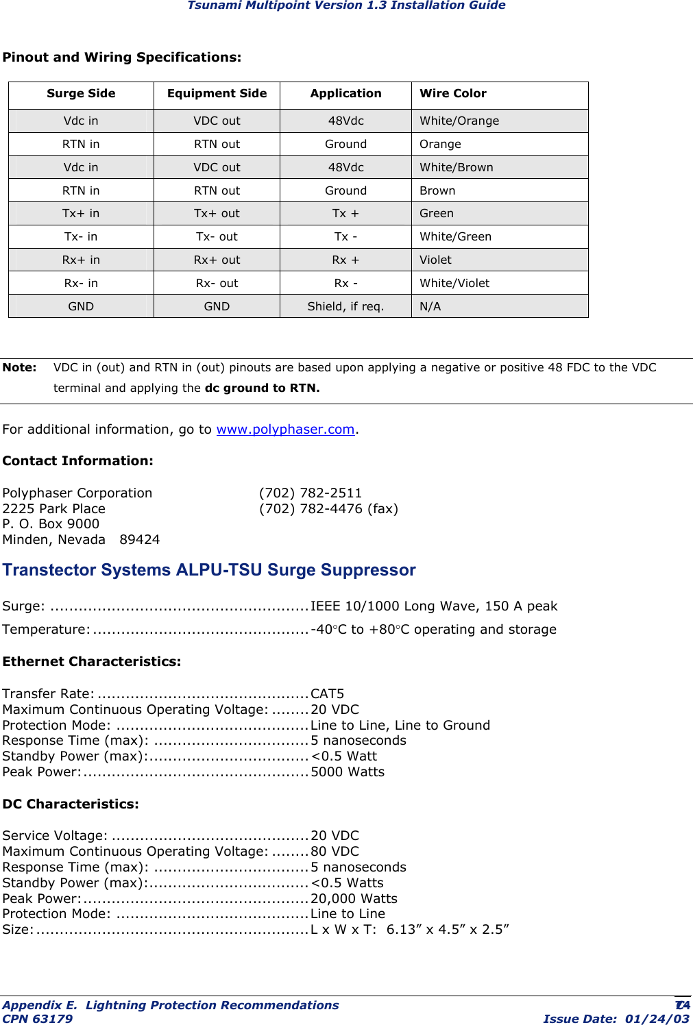 Tsunami Multipoint Version 1.3 Installation Guide Pinout and Wiring Specifications: Surge Side  Equipment Side Application Wire Color Vdc in  VDC out  48Vdc  White/Orange RTN in  RTN out  Ground  Orange Vdc in  VDC out  48Vdc  White/Brown RTN in  RTN out  Ground  Brown Tx+ in  Tx+ out  Tx +  Green Tx- in  Tx- out  Tx -  White/Green Rx+ in  Rx+ out  Rx +  Violet Rx- in  Rx- out  Rx -  White/Violet GND  GND  Shield, if req.  N/A  Note:  VDC in (out) and RTN in (out) pinouts are based upon applying a negative or positive 48 FDC to the VDC terminal and applying the dc ground to RTN. For additional information, go to www.polyphaser.com. Contact Information: Polyphaser Corporation   (702) 782-2511 2225 Park Place      (702) 782-4476 (fax) P. O. Box 9000 Minden, Nevada   89424 Transtector Systems ALPU-TSU Surge Suppressor Surge: .......................................................IEEE 10/1000 Long Wave, 150 A peak Temperature:..............................................-40°C to +80°C operating and storage Ethernet Characteristics: Transfer Rate: .............................................CAT5 Maximum Continuous Operating Voltage: ........ 20 VDC Protection Mode: .........................................Line to Line, Line to Ground Response Time (max): .................................5 nanoseconds Standby Power (max):..................................&lt;0.5 Watt Peak Power:................................................5000 Watts DC Characteristics: Service Voltage: ..........................................20 VDC Maximum Continuous Operating Voltage: ........ 80 VDC Response Time (max): .................................5 nanoseconds Standby Power (max):..................................&lt;0.5 Watts Peak Power:................................................ 20,000 Watts Protection Mode: .........................................Line to Line Size:..........................................................L x W x T:  6.13” x 4.5” x 2.5” Appendix E.  Lightning Protection Recommendations  C- CPN 63179  Issue Date:  01/24/03 74