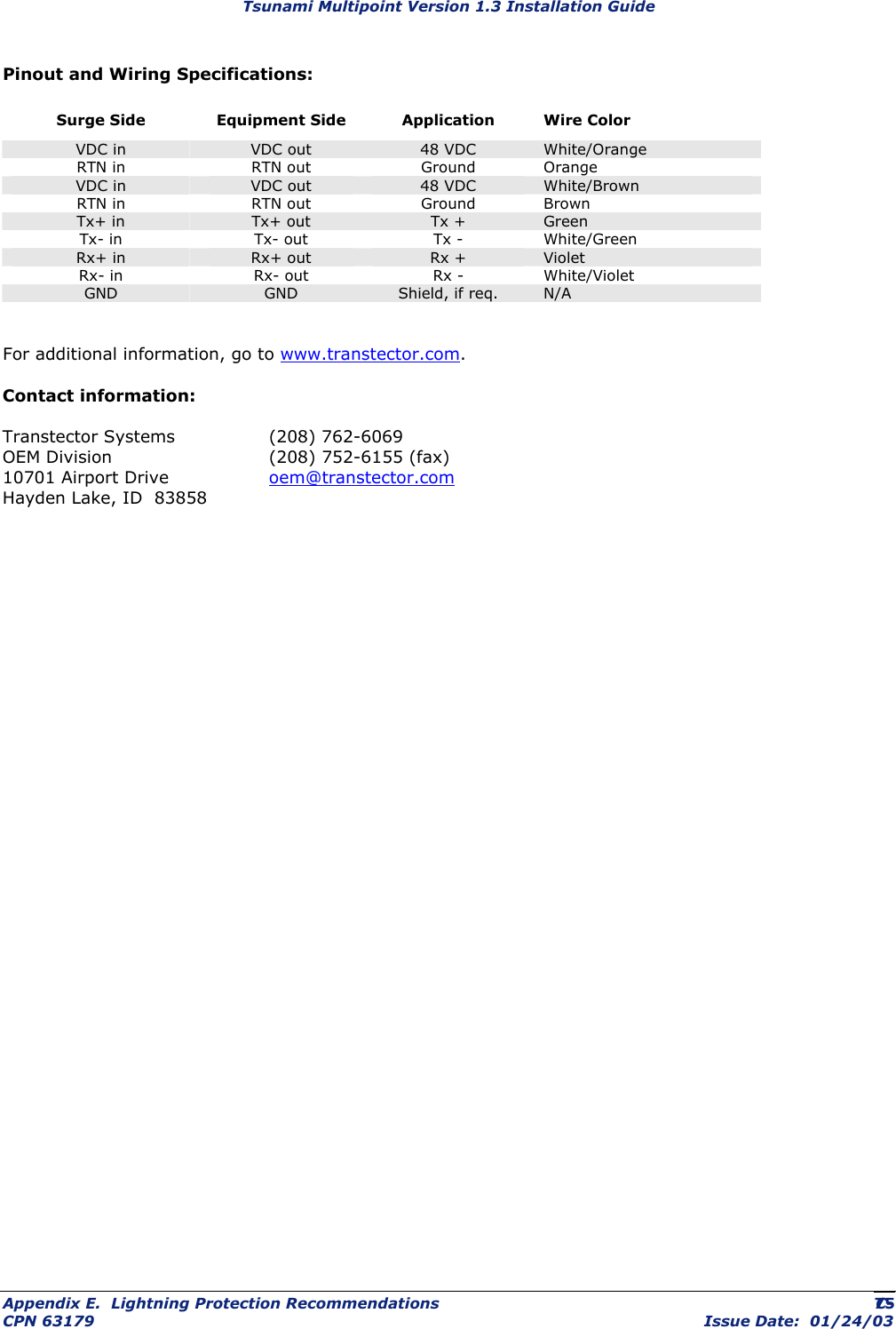 Tsunami Multipoint Version 1.3 Installation Guide Pinout and Wiring Specifications: Surge Side  Equipment Side Application Wire Color VDC in  VDC out  48 VDC  White/Orange RTN in  RTN out  Ground  Orange VDC in  VDC out  48 VDC  White/Brown RTN in  RTN out  Ground  Brown Tx+ in  Tx+ out  Tx +  Green Tx- in  Tx- out  Tx -  White/Green Rx+ in  Rx+ out  Rx +  Violet Rx- in  Rx- out  Rx -  White/Violet GND  GND  Shield, if req.  N/A  For additional information, go to www.transtector.com. Contact information: Transtector Systems    (208) 762-6069 OEM Division      (208) 752-6155 (fax) 10701 Airport Drive    oem@transtector.com  Hayden Lake, ID  83858 Appendix E.  Lightning Protection Recommendations  C- CPN 63179  Issue Date:  01/24/03 75