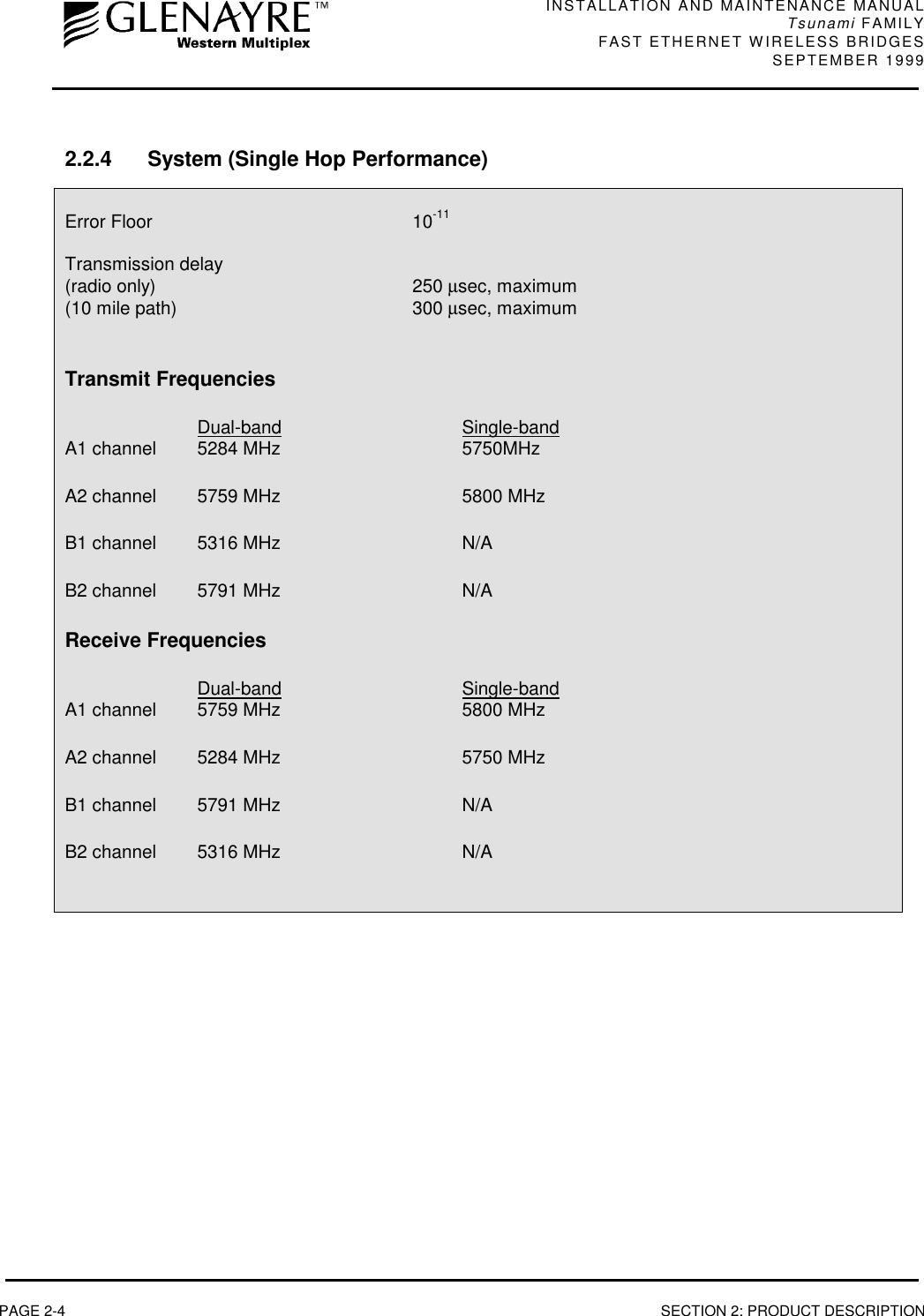 INSTALLATION AND MAINTENANCE MANUALTsunami FAMILYFAST ETHERNET WIRELESS BRIDGES SEPTEMBER 1999PAGE 2-4 SECTION 2: PRODUCT DESCRIPTION2.2.4 System (Single Hop Performance)Error Floor 10-11Transmission delay(radio only) 250 µsec, maximum(10 mile path) 300 µsec, maximumTransmit FrequenciesDual-band Single-bandA1 channel 5284 MHz 5750MHzA2 channel 5759 MHz 5800 MHzB1 channel 5316 MHz N/AB2 channel 5791 MHz N/AReceive FrequenciesDual-band Single-bandA1 channel 5759 MHz 5800 MHzA2 channel 5284 MHz 5750 MHzB1 channel 5791 MHz N/AB2 channel 5316 MHz N/A