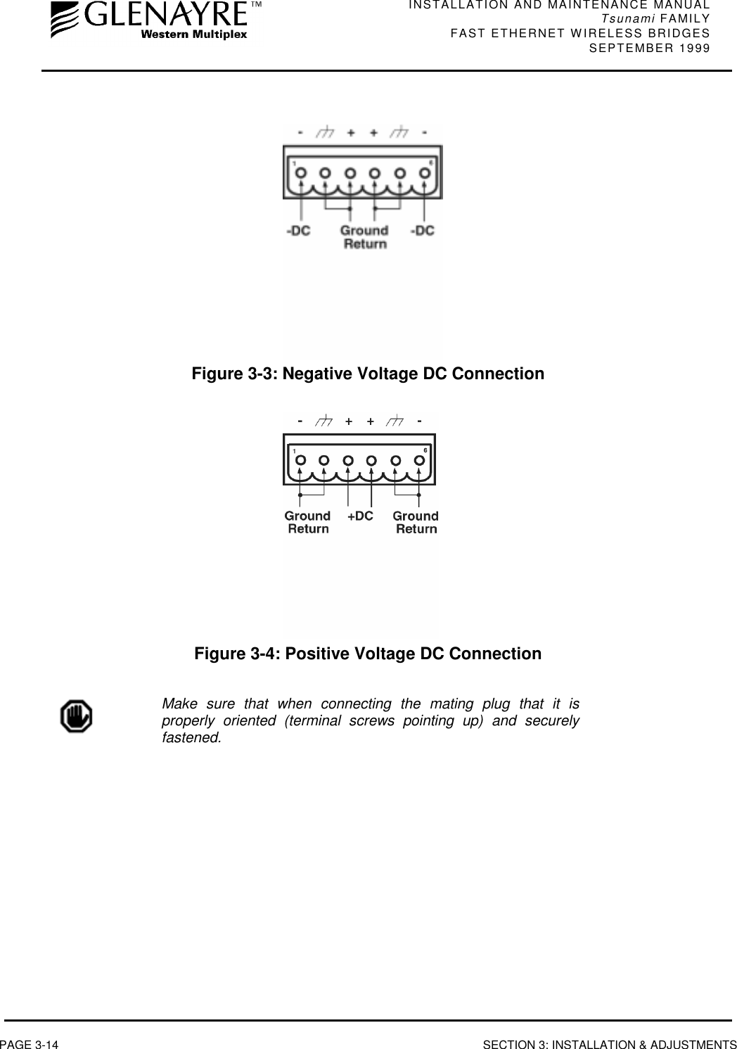 INSTALLATION AND MAINTENANCE MANUALTsunami FAMILYFAST ETHERNET WIRELESS BRIDGES SEPTEMBER 1999PAGE 3-14 SECTION 3: INSTALLATION &amp; ADJUSTMENTSFigure 3-3: Negative Voltage DC ConnectionFigure 3-4: Positive Voltage DC ConnectionMake sure that when connecting the mating plug that it isproperly oriented (terminal screws pointing up) and securelyfastened.