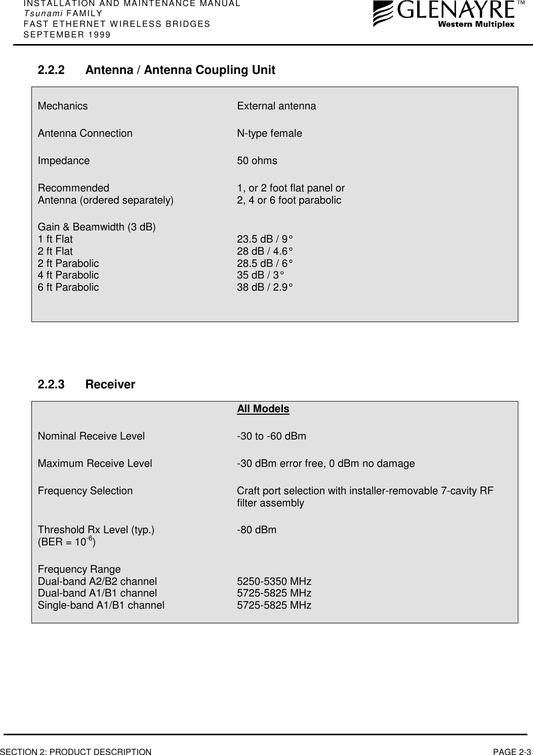 INSTALLATION AND MAINTENANCE MANUALTsunami FAMILYFAST ETHERNET WIRELESS BRIDGESSEPTEMBER 1999SECTION 2: PRODUCT DESCRIPTION PAGE 2-32.2.2 Antenna / Antenna Coupling UnitMechanics External antennaAntenna Connection N-type femaleImpedance 50 ohmsRecommended 1, or 2 foot flat panel orAntenna (ordered separately) 2, 4 or 6 foot parabolicGain &amp; Beamwidth (3 dB)1 ft Flat 23.5 dB / 9°2 ft Flat 28 dB / 4.6°2 ft Parabolic 28.5 dB / 6°4 ft Parabolic 35 dB / 3°6 ft Parabolic 38 dB / 2.9°2.2.3 ReceiverAll ModelsNominal Receive Level -30 to -60 dBmMaximum Receive Level -30 dBm error free, 0 dBm no damageFrequency Selection Craft port selection with installer-removable 7-cavity RFfilter assemblyThreshold Rx Level (typ.) -80 dBm(BER = 10-6)Frequency RangeDual-band A2/B2 channel 5250-5350 MHzDual-band A1/B1 channel 5725-5825 MHzSingle-band A1/B1 channel 5725-5825 MHz