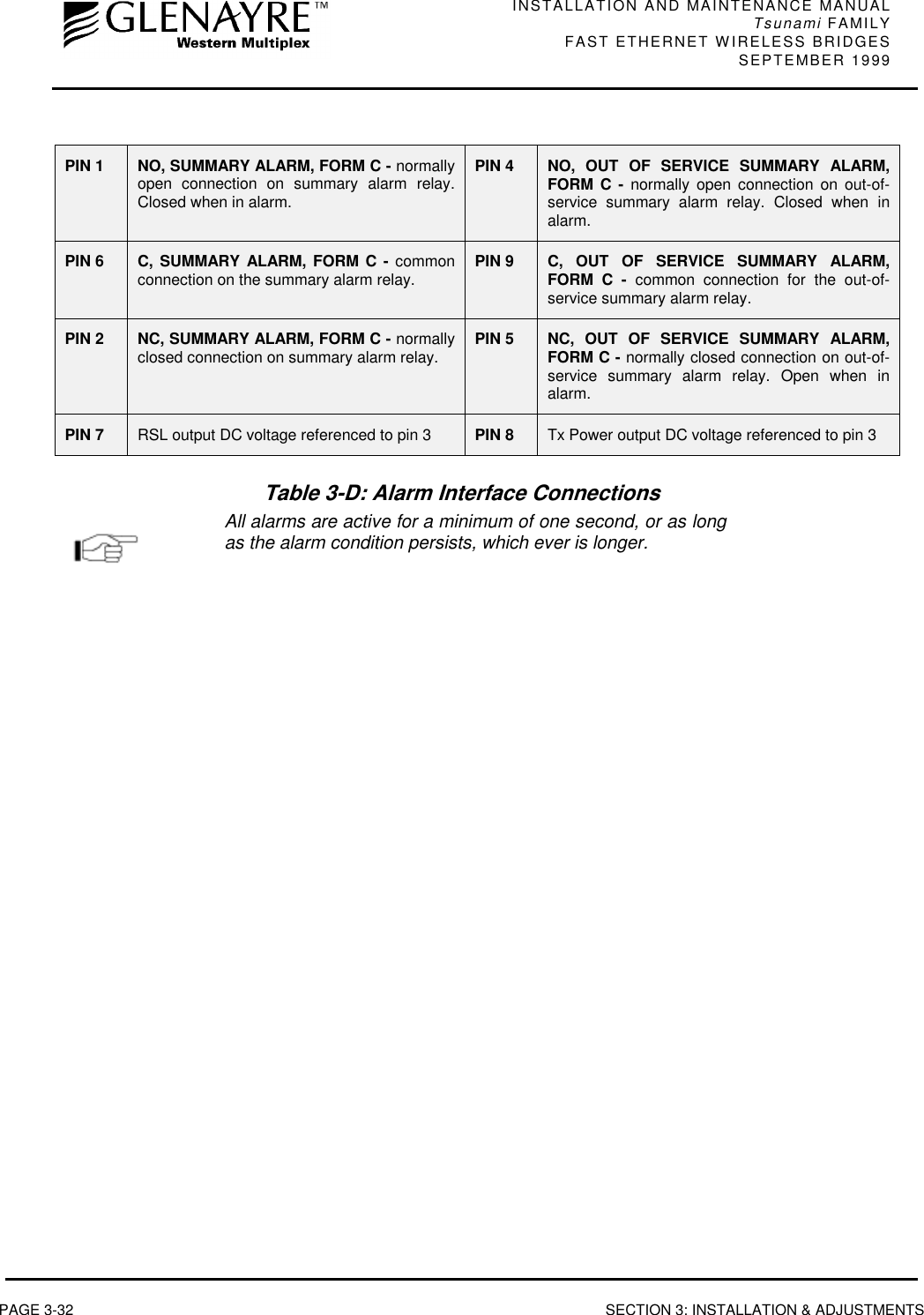 INSTALLATION AND MAINTENANCE MANUALTsunami FAMILYFAST ETHERNET WIRELESS BRIDGES SEPTEMBER 1999PAGE 3-32 SECTION 3: INSTALLATION &amp; ADJUSTMENTSPIN 1 NO, SUMMARY ALARM, FORM C - normallyopen connection on summary alarm relay.Closed when in alarm.PIN 4 NO, OUT OF SERVICE SUMMARY ALARM,FORM C - normally open connection on out-of-service summary alarm relay. Closed when inalarm.PIN 6 C, SUMMARY ALARM, FORM C - commonconnection on the summary alarm relay. PIN 9 C, OUT OF SERVICE SUMMARY ALARM,FORM C - common connection for the out-of-service summary alarm relay.PIN 2 NC, SUMMARY ALARM, FORM C - normallyclosed connection on summary alarm relay. PIN 5 NC, OUT OF SERVICE SUMMARY ALARM,FORM C - normally closed connection on out-of-service summary alarm relay. Open when inalarm.PIN 7 RSL output DC voltage referenced to pin 3 PIN 8 Tx Power output DC voltage referenced to pin 3Table 3-D: Alarm Interface ConnectionsAll alarms are active for a minimum of one second, or as longas the alarm condition persists, which ever is longer.