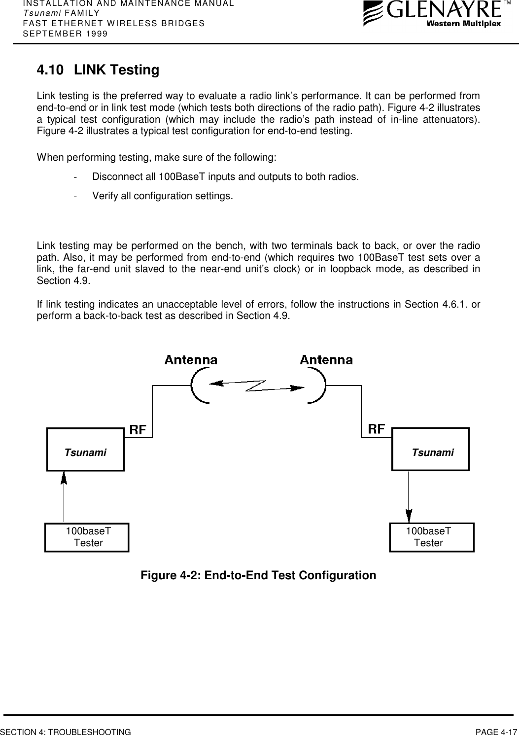 INSTALLATION AND MAINTENANCE MANUALTsunami FAMILYFAST ETHERNET WIRELESS BRIDGESSEPTEMBER 1999SECTION 4: TROUBLESHOOTING PAGE 4-174.10 LINK TestingLink testing is the preferred way to evaluate a radio link’s performance. It can be performed fromend-to-end or in link test mode (which tests both directions of the radio path). Figure 4-2 illustratesa typical test configuration (which may include the radio’s path instead of in-line attenuators).Figure 4-2 illustrates a typical test configuration for end-to-end testing.When performing testing, make sure of the following:-  Disconnect all 100BaseT inputs and outputs to both radios.-  Verify all configuration settings.Link testing may be performed on the bench, with two terminals back to back, or over the radiopath. Also, it may be performed from end-to-end (which requires two 100BaseT test sets over alink, the far-end unit slaved to the near-end unit’s clock) or in loopback mode, as described inSection 4.9.If link testing indicates an unacceptable level of errors, follow the instructions in Section 4.6.1. orperform a back-to-back test as described in Section 4.9.Figure 4-2: End-to-End Test ConfigurationTsunami Tsunami100baseTTester 100baseTTester