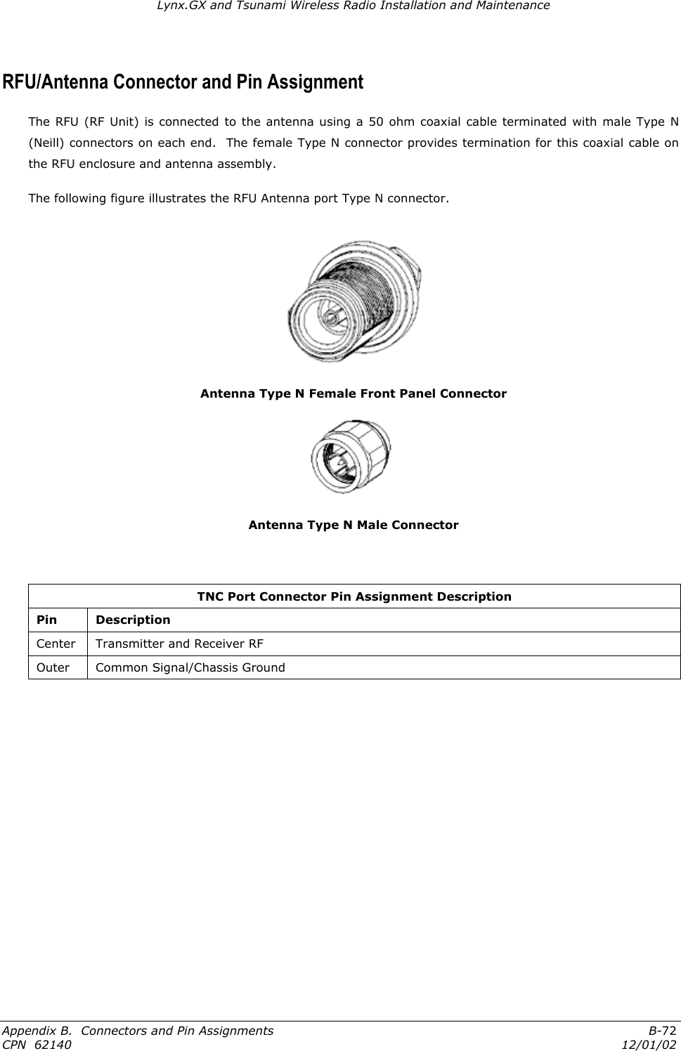 Lynx.GX and Tsunami Wireless Radio Installation and Maintenance RFU/Antenna Connector and Pin Assignment The RFU (RF Unit) is connected to the antenna using a 50 ohm coaxial cable terminated with male Type N (Neill) connectors on each end.  The female Type N connector provides termination for this coaxial cable on the RFU enclosure and antenna assembly. The following figure illustrates the RFU Antenna port Type N connector.  Antenna Type N Female Front Panel Connector  Antenna Type N Male Connector  TNC Port Connector Pin Assignment Description Pin Description Center  Transmitter and Receiver RF Outer  Common Signal/Chassis Ground  Appendix B.  Connectors and Pin Assignments  B-72 CPN  62140  12/01/02 