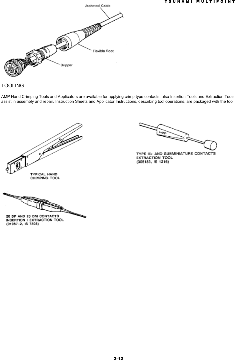 TSUNAMI MULTIPOINT 3-12   TOOLING  AMP Hand Crimping Tools and Applicators are available for applying crimp type contacts, also Insertion Tools and Extraction Tools assist in assembly and repair. Instruction Sheets and Applicator Instructions, describing tool operations, are packaged with the tool.       