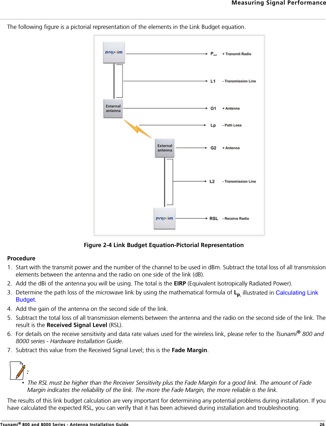 Measuring Signal PerformanceTsunami® 800 and 8000 Series - Antenna Installation Guide 26The following figure is a pictorial representation of the elements in the Link Budget equation.Figure 2-4 Link Budget Equation-Pictorial RepresentationProcedure1. Start with the transmit power and the number of the channel to be used in dBm. Subtract the total loss of all transmission elements between the antenna and the radio on one side of the link (dB).2. Add the dBi of the antenna you will be using. The total is the EIRP (Equivalent Isotropically Radiated Power).3. Determine the path loss of the microwave link by using the mathematical formula of Lp, illustrated in Calculating Link Budget.4. Add the gain of the antenna on the second side of the link.5. Subtract the total loss of all transmission elements between the antenna and the radio on the second side of the link. The result is the Received Signal Level (RSL).6. For details on the receive sensitivity and data rate values used for the wireless link, please refer to the Tsunami® 800 and 8000 series - Hardware Installation Guide.7. Subtract this value from the Received Signal Level; this is the Fade Margin.  :•  The RSL must be higher than the Receiver Sensitivity plus the Fade Margin for a good link. The amount of Fade Margin indicates the reliability of the link. The more the Fade Margin, the more reliable is the link.The results of this link budget calculation are very important for determining any potential problems during installation. If you have calculated the expected RSL, you can verify that it has been achieved during installation and troubleshooting.