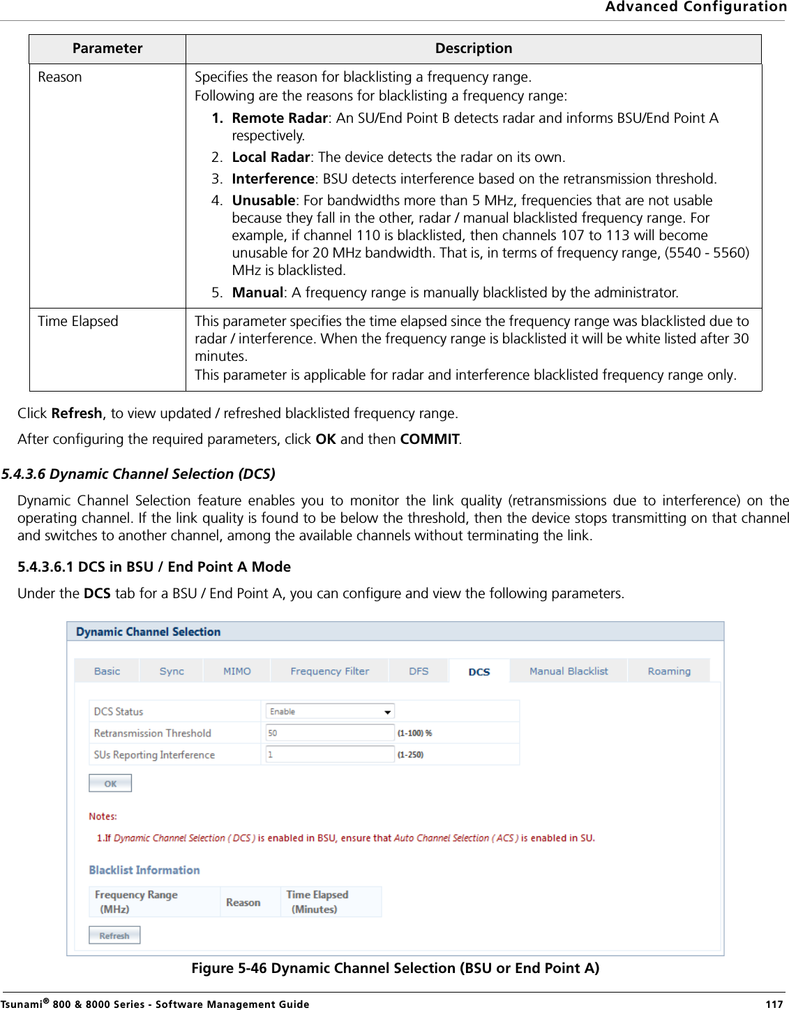 Advanced ConfigurationTsunami® 800 &amp; 8000 Series - Software Management Guide  117Click Refresh, to view updated / refreshed blacklisted frequency range.After configuring the required parameters, click OK and then COMMIT.5.4.3.6 Dynamic Channel Selection (DCS)Dynamic Channel Selection feature enables you to monitor the link quality (retransmissions due to interference) on theoperating channel. If the link quality is found to be below the threshold, then the device stops transmitting on that channeland switches to another channel, among the available channels without terminating the link.5.4.3.6.1 DCS in BSU / End Point A ModeUnder the DCS tab for a BSU / End Point A, you can configure and view the following parameters.Figure 5-46 Dynamic Channel Selection (BSU or End Point A)Reason Specifies the reason for blacklisting a frequency range. Following are the reasons for blacklisting a frequency range:1. Remote Radar: An SU/End Point B detects radar and informs BSU/End Point A respectively.2. Local Radar: The device detects the radar on its own.3. Interference: BSU detects interference based on the retransmission threshold.4. Unusable: For bandwidths more than 5 MHz, frequencies that are not usable because they fall in the other, radar / manual blacklisted frequency range. For example, if channel 110 is blacklisted, then channels 107 to 113 will become unusable for 20 MHz bandwidth. That is, in terms of frequency range, (5540 - 5560) MHz is blacklisted.5. Manual: A frequency range is manually blacklisted by the administrator.Time Elapsed This parameter specifies the time elapsed since the frequency range was blacklisted due to radar / interference. When the frequency range is blacklisted it will be white listed after 30 minutes.This parameter is applicable for radar and interference blacklisted frequency range only.Parameter Description