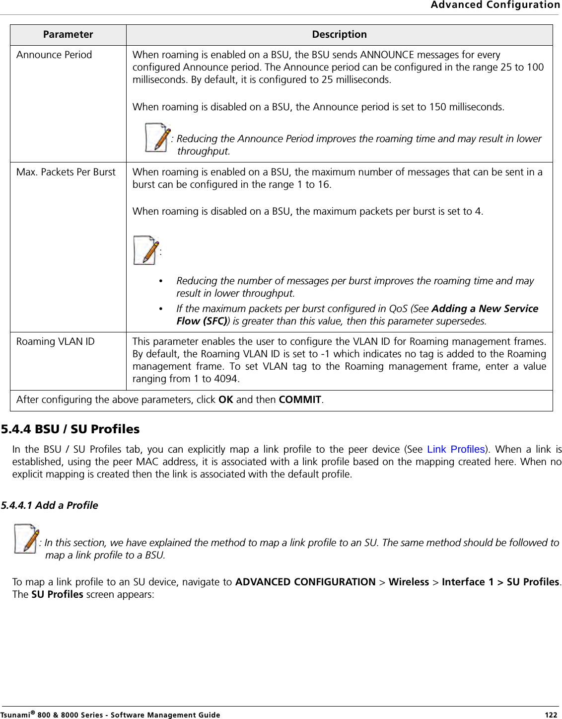 Advanced ConfigurationTsunami® 800 &amp; 8000 Series - Software Management Guide  1225.4.4 BSU / SU ProfilesIn the BSU / SU Profiles tab, you can explicitly map a link profile to the peer device (See Link Profiles). When a link isestablished, using the peer MAC address, it is associated with a link profile based on the mapping created here. When noexplicit mapping is created then the link is associated with the default profile.5.4.4.1 Add a Profile: In this section, we have explained the method to map a link profile to an SU. The same method should be followed to map a link profile to a BSU.To map a link profile to an SU device, navigate to ADVANCED CONFIGURATION &gt; Wireless &gt; Interface 1 &gt; SU Profiles.The SU Profiles screen appears:Announce Period When roaming is enabled on a BSU, the BSU sends ANNOUNCE messages for every configured Announce period. The Announce period can be configured in the range 25 to 100 milliseconds. By default, it is configured to 25 milliseconds.When roaming is disabled on a BSU, the Announce period is set to 150 milliseconds.: Reducing the Announce Period improves the roaming time and may result in lower throughput.Max. Packets Per Burst When roaming is enabled on a BSU, the maximum number of messages that can be sent in a burst can be configured in the range 1 to 16. When roaming is disabled on a BSU, the maximum packets per burst is set to 4.: •Reducing the number of messages per burst improves the roaming time and may result in lower throughput.•If the maximum packets per burst configured in QoS (See Adding a New Service Flow (SFC)) is greater than this value, then this parameter supersedes.Roaming VLAN ID This parameter enables the user to configure the VLAN ID for Roaming management frames.By default, the Roaming VLAN ID is set to -1 which indicates no tag is added to the Roamingmanagement frame. To set VLAN tag to the Roaming management frame, enter a valueranging from 1 to 4094.After configuring the above parameters, click OK and then COMMIT.Parameter Description