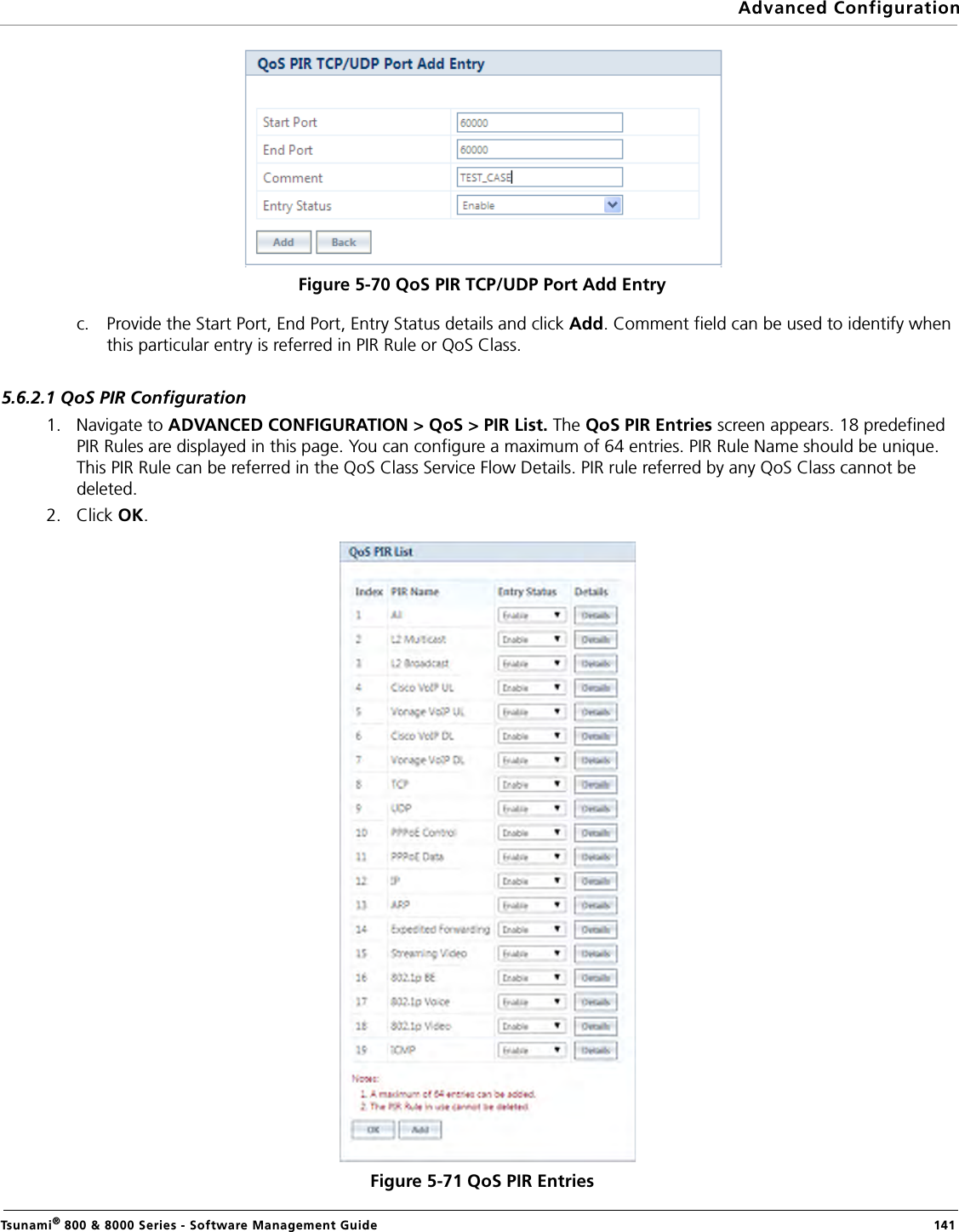 Advanced ConfigurationTsunami® 800 &amp; 8000 Series - Software Management Guide  141Figure 5-70 QoS PIR TCP/UDP Port Add Entryc. Provide the Start Port, End Port, Entry Status details and click Add. Comment field can be used to identify when this particular entry is referred in PIR Rule or QoS Class.5.6.2.1 QoS PIR Configuration1. Navigate to ADVANCED CONFIGURATION &gt; QoS &gt; PIR List. The QoS PIR Entries screen appears. 18 predefined PIR Rules are displayed in this page. You can configure a maximum of 64 entries. PIR Rule Name should be unique. This PIR Rule can be referred in the QoS Class Service Flow Details. PIR rule referred by any QoS Class cannot be deleted.2. Click OK.Figure 5-71 QoS PIR Entries