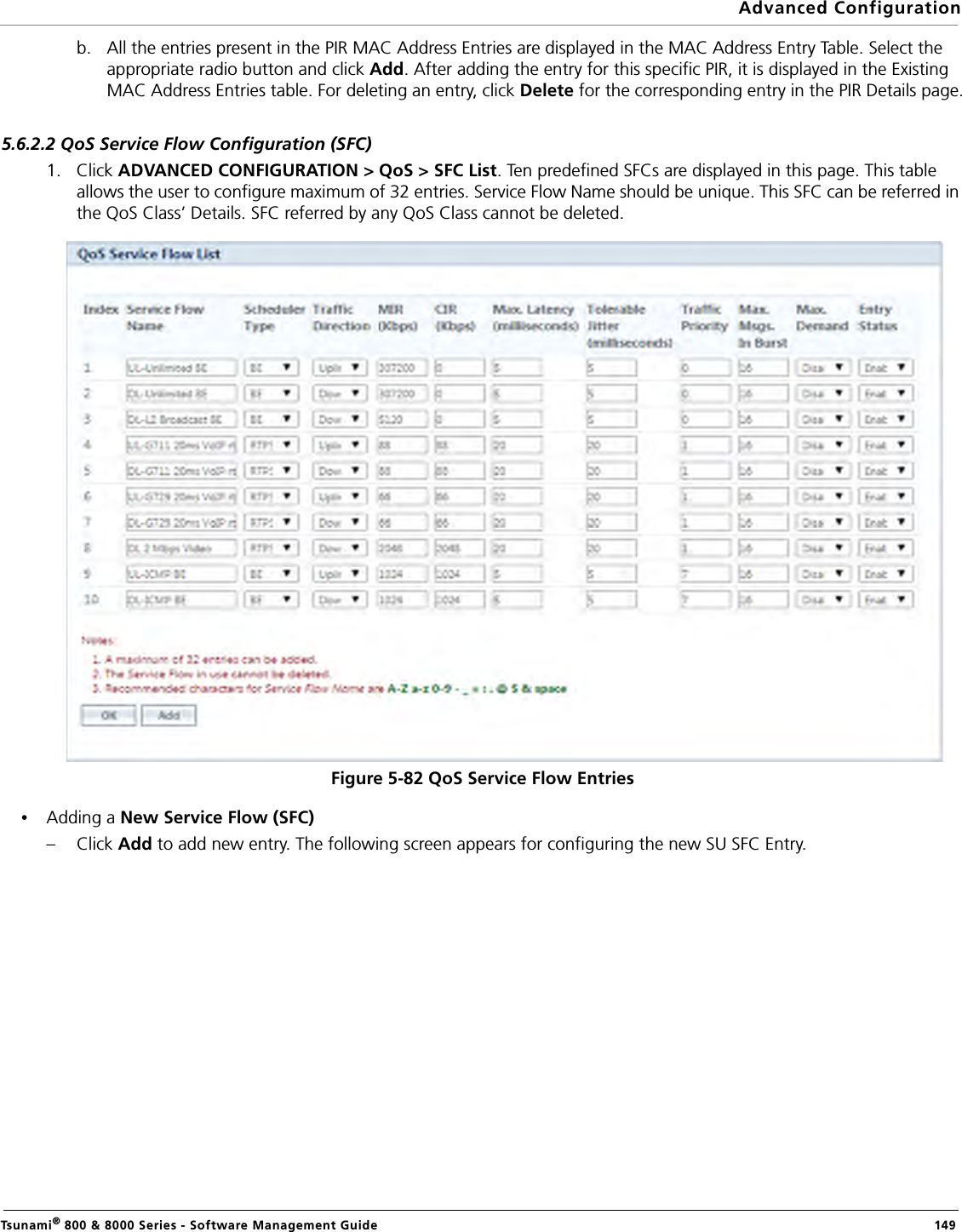Advanced ConfigurationTsunami® 800 &amp; 8000 Series - Software Management Guide  149b. All the entries present in the PIR MAC Address Entries are displayed in the MAC Address Entry Table. Select the appropriate radio button and click Add. After adding the entry for this specific PIR, it is displayed in the Existing MAC Address Entries table. For deleting an entry, click Delete for the corresponding entry in the PIR Details page.5.6.2.2 QoS Service Flow Configuration (SFC)1. Click ADVANCED CONFIGURATION &gt; QoS &gt; SFC List. Ten predefined SFCs are displayed in this page. This table allows the user to configure maximum of 32 entries. Service Flow Name should be unique. This SFC can be referred in the QoS Class’ Details. SFC referred by any QoS Class cannot be deleted.Figure 5-82 QoS Service Flow Entries•Adding a New Service Flow (SFC)– Click Add to add new entry. The following screen appears for configuring the new SU SFC Entry.