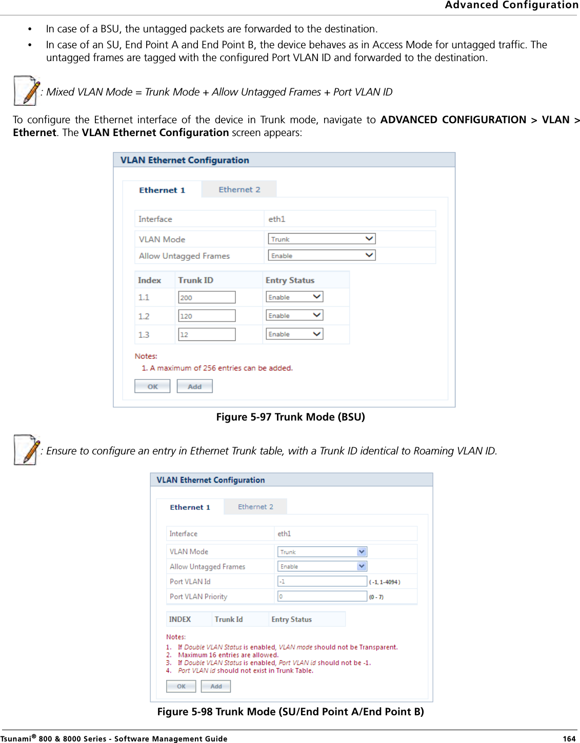 Advanced ConfigurationTsunami® 800 &amp; 8000 Series - Software Management Guide  164•In case of a BSU, the untagged packets are forwarded to the destination.•In case of an SU, End Point A and End Point B, the device behaves as in Access Mode for untagged traffic. The untagged frames are tagged with the configured Port VLAN ID and forwarded to the destination. : Mixed VLAN Mode = Trunk Mode + Allow Untagged Frames + Port VLAN IDTo configure the Ethernet interface of the device in Trunk mode, navigate to ADVANCED CONFIGURATION &gt; VLAN &gt;Ethernet. The VLAN Ethernet Configuration screen appears:Figure 5-97 Trunk Mode (BSU): Ensure to configure an entry in Ethernet Trunk table, with a Trunk ID identical to Roaming VLAN ID.Figure 5-98 Trunk Mode (SU/End Point A/End Point B)