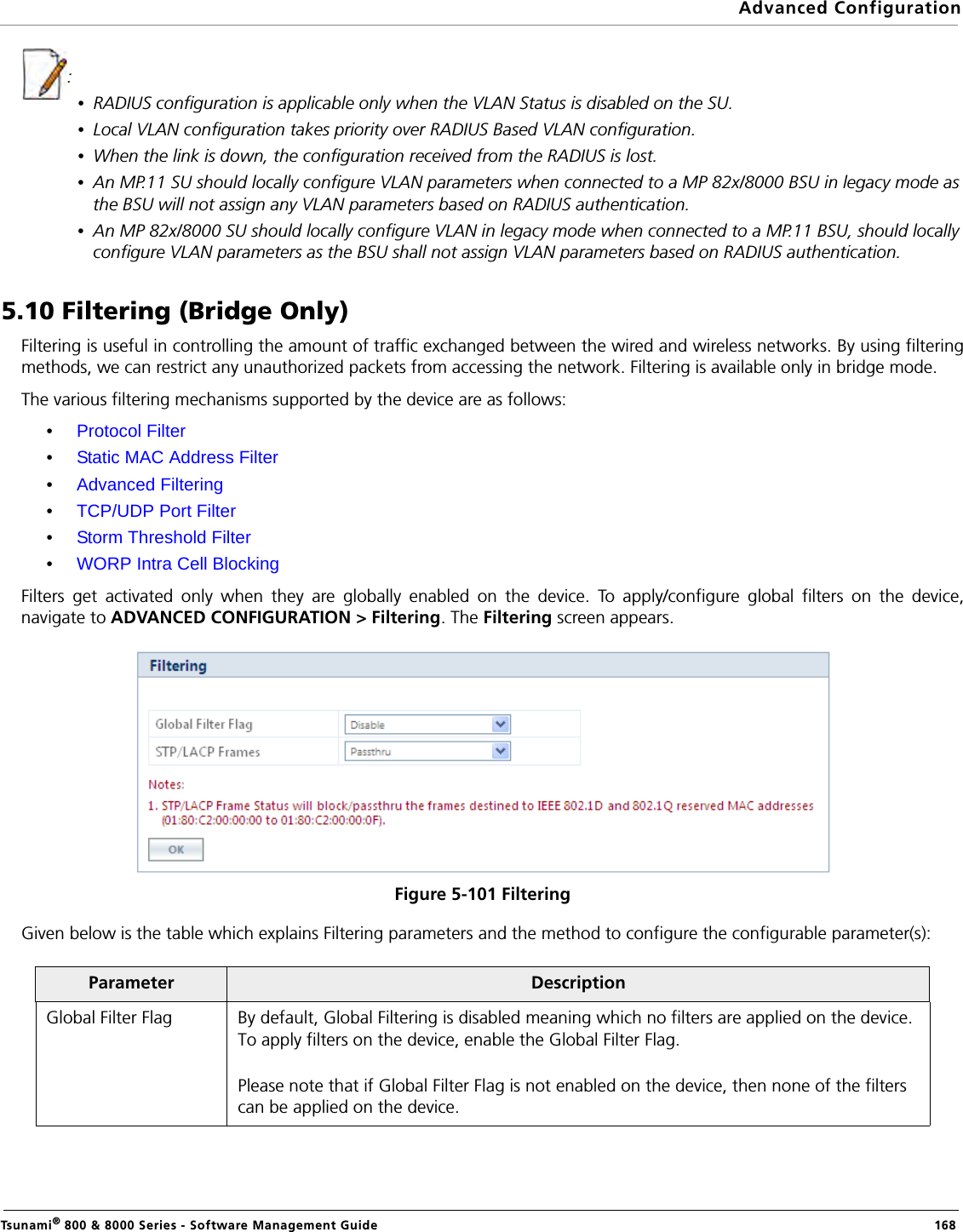 Advanced ConfigurationTsunami® 800 &amp; 8000 Series - Software Management Guide  168:•RADIUS configuration is applicable only when the VLAN Status is disabled on the SU.•Local VLAN configuration takes priority over RADIUS Based VLAN configuration.•When the link is down, the configuration received from the RADIUS is lost.•An MP.11 SU should locally configure VLAN parameters when connected to a MP 82x/8000 BSU in legacy mode as the BSU will not assign any VLAN parameters based on RADIUS authentication.•An MP 82x/8000 SU should locally configure VLAN in legacy mode when connected to a MP.11 BSU, should locally configure VLAN parameters as the BSU shall not assign VLAN parameters based on RADIUS authentication.5.10 Filtering (Bridge Only)Filtering is useful in controlling the amount of traffic exchanged between the wired and wireless networks. By using filteringmethods, we can restrict any unauthorized packets from accessing the network. Filtering is available only in bridge mode. The various filtering mechanisms supported by the device are as follows:•Protocol Filter•Static MAC Address Filter•Advanced Filtering•TCP/UDP Port Filter•Storm Threshold Filter•WORP Intra Cell BlockingFilters get activated only when they are globally enabled on the device. To apply/configure global filters on the device,navigate to ADVANCED CONFIGURATION &gt; Filtering. The Filtering screen appears.Figure 5-101 FilteringGiven below is the table which explains Filtering parameters and the method to configure the configurable parameter(s):Parameter DescriptionGlobal Filter Flag By default, Global Filtering is disabled meaning which no filters are applied on the device. To apply filters on the device, enable the Global Filter Flag. Please note that if Global Filter Flag is not enabled on the device, then none of the filters can be applied on the device.