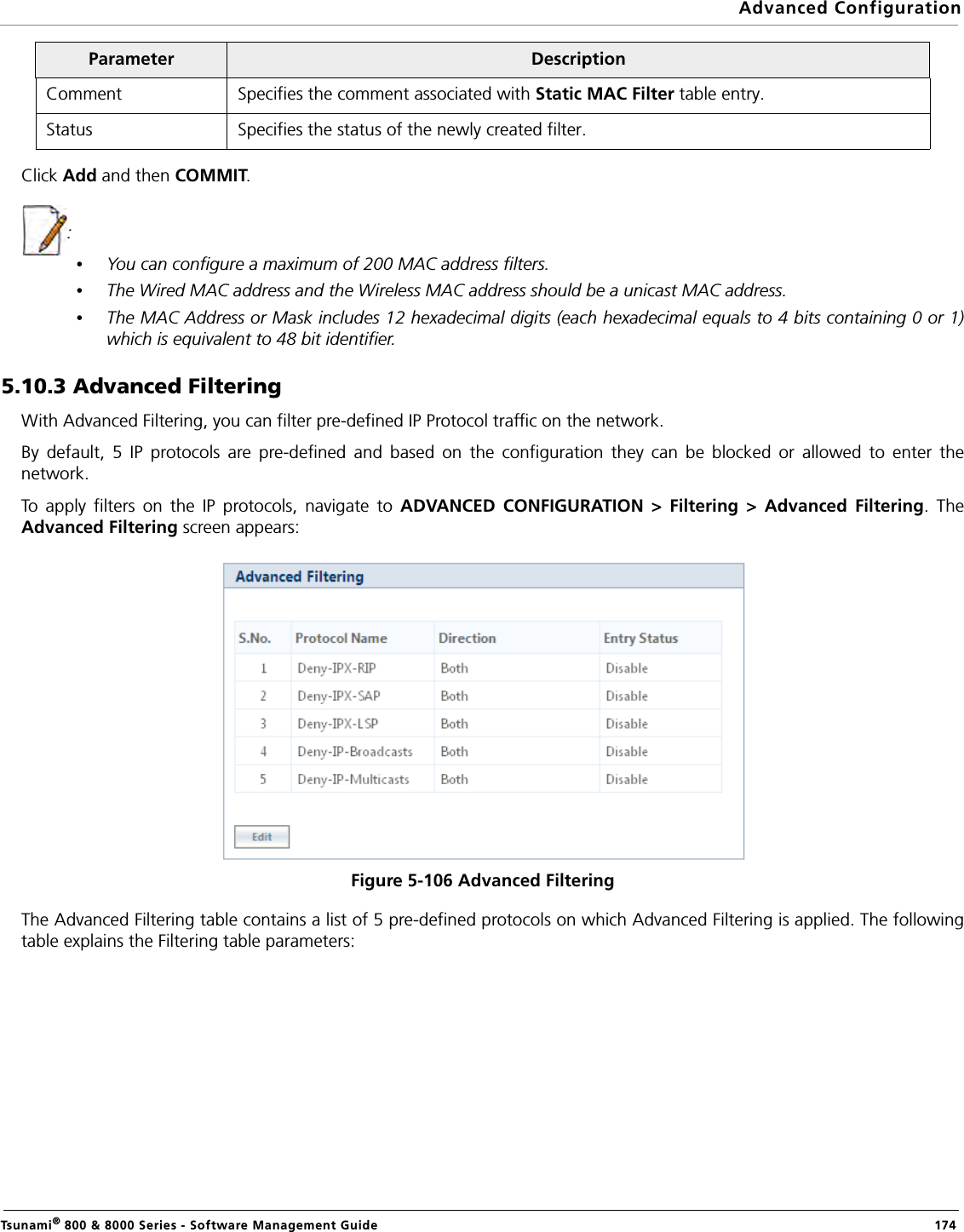 Advanced ConfigurationTsunami® 800 &amp; 8000 Series - Software Management Guide  174Click Add and then COMMIT.:•You can configure a maximum of 200 MAC address filters. •The Wired MAC address and the Wireless MAC address should be a unicast MAC address.•The MAC Address or Mask includes 12 hexadecimal digits (each hexadecimal equals to 4 bits containing 0 or 1)which is equivalent to 48 bit identifier.5.10.3 Advanced FilteringWith Advanced Filtering, you can filter pre-defined IP Protocol traffic on the network.By default, 5 IP protocols are pre-defined and based on the configuration they can be blocked or allowed to enter thenetwork.To apply filters on the IP protocols, navigate to ADVANCED CONFIGURATION &gt; Filtering &gt; Advanced Filtering. TheAdvanced Filtering screen appears:Figure 5-106 Advanced FilteringThe Advanced Filtering table contains a list of 5 pre-defined protocols on which Advanced Filtering is applied. The followingtable explains the Filtering table parameters:Comment Specifies the comment associated with Static MAC Filter table entry.Status Specifies the status of the newly created filter.Parameter Description