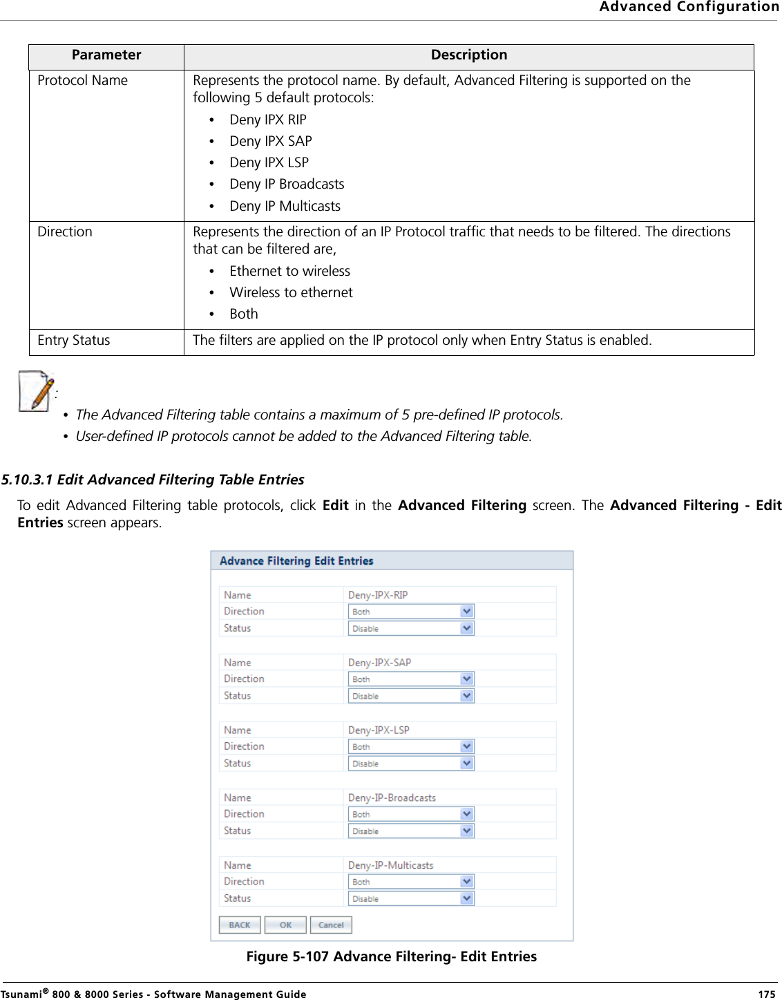 Advanced ConfigurationTsunami® 800 &amp; 8000 Series - Software Management Guide  175: •The Advanced Filtering table contains a maximum of 5 pre-defined IP protocols.•User-defined IP protocols cannot be added to the Advanced Filtering table.5.10.3.1 Edit Advanced Filtering Table EntriesTo edit Advanced Filtering table protocols, click Edit in the Advanced Filtering screen. The Advanced Filtering - EditEntries screen appears.Figure 5-107 Advance Filtering- Edit EntriesParameter DescriptionProtocol Name Represents the protocol name. By default, Advanced Filtering is supported on the following 5 default protocols:•Deny IPX RIP•Deny IPX SAP•Deny IPX LSP•Deny IP Broadcasts•Deny IP MulticastsDirection Represents the direction of an IP Protocol traffic that needs to be filtered. The directions that can be filtered are,•Ethernet to wireless•Wireless to ethernet•BothEntry Status The filters are applied on the IP protocol only when Entry Status is enabled.