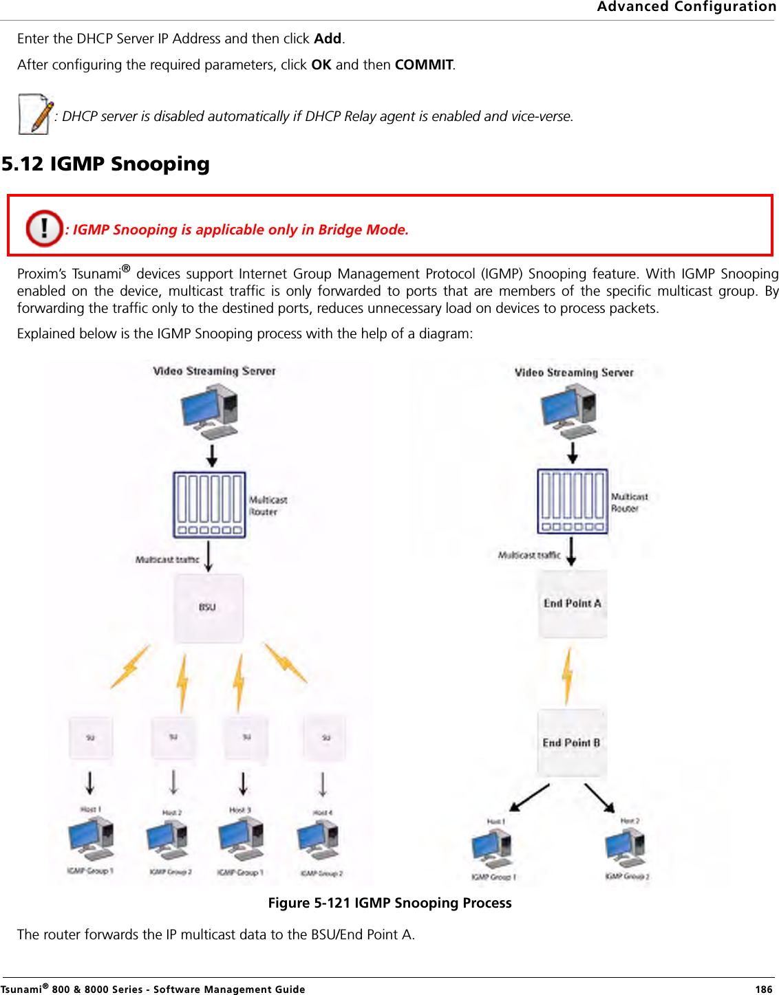 Advanced ConfigurationTsunami® 800 &amp; 8000 Series - Software Management Guide  186Enter the DHCP Server IP Address and then click Add.After configuring the required parameters, click OK and then COMMIT.: DHCP server is disabled automatically if DHCP Relay agent is enabled and vice-verse.5.12 IGMP Snooping Proxim’s Tsunami® devices support Internet Group Management Protocol (IGMP) Snooping feature. With IGMP Snoopingenabled on the device, multicast traffic is only forwarded to ports that are members of the specific multicast group. Byforwarding the traffic only to the destined ports, reduces unnecessary load on devices to process packets.Explained below is the IGMP Snooping process with the help of a diagram:Figure 5-121 IGMP Snooping ProcessThe router forwards the IP multicast data to the BSU/End Point A. : IGMP Snooping is applicable only in Bridge Mode.