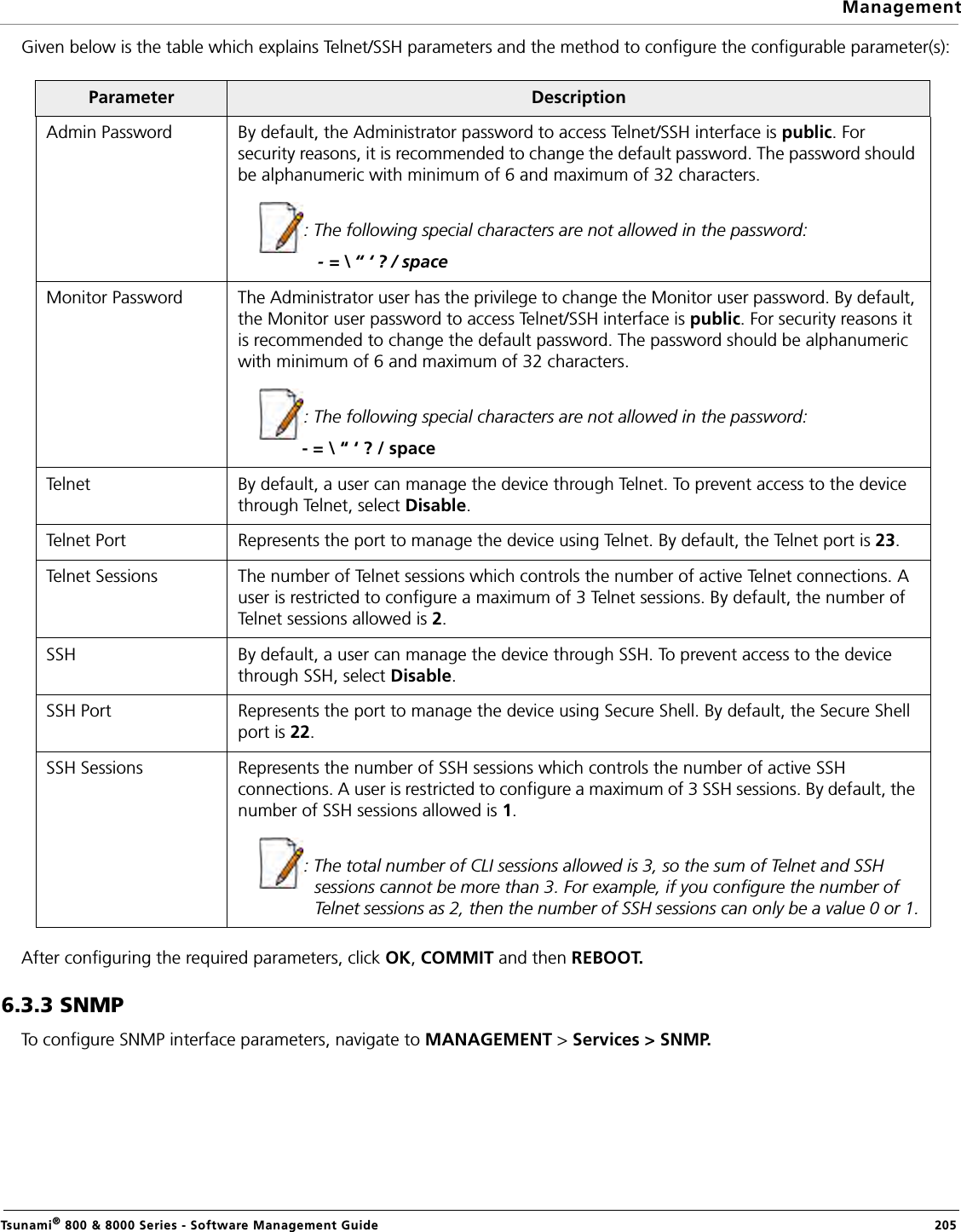 ManagementTsunami® 800 &amp; 8000 Series - Software Management Guide  205Given below is the table which explains Telnet/SSH parameters and the method to configure the configurable parameter(s):After configuring the required parameters, click OK, COMMIT and then REBOOT.6.3.3 SNMPTo configure SNMP interface parameters, navigate to MANAGEMENT &gt; Services &gt; SNMP.Parameter DescriptionAdmin Password By default, the Administrator password to access Telnet/SSH interface is public. For security reasons, it is recommended to change the default password. The password should be alphanumeric with minimum of 6 and maximum of 32 characters. : The following special characters are not allowed in the password:            - = \ “ ‘ ? / spaceMonitor Password The Administrator user has the privilege to change the Monitor user password. By default, the Monitor user password to access Telnet/SSH interface is public. For security reasons it is recommended to change the default password. The password should be alphanumeric with minimum of 6 and maximum of 32 characters. : The following special characters are not allowed in the password:             - = \ “ ‘ ? / spaceTelnet By default, a user can manage the device through Telnet. To prevent access to the device through Telnet, select Disable. Telnet Port Represents the port to manage the device using Telnet. By default, the Telnet port is 23. Telnet Sessions The number of Telnet sessions which controls the number of active Telnet connections. A user is restricted to configure a maximum of 3 Telnet sessions. By default, the number of Telnet sessions allowed is 2.SSH By default, a user can manage the device through SSH. To prevent access to the device through SSH, select Disable. SSH Port Represents the port to manage the device using Secure Shell. By default, the Secure Shell port is 22. SSH Sessions Represents the number of SSH sessions which controls the number of active SSH connections. A user is restricted to configure a maximum of 3 SSH sessions. By default, the number of SSH sessions allowed is 1.: The total number of CLI sessions allowed is 3, so the sum of Telnet and SSH sessions cannot be more than 3. For example, if you configure the number of Telnet sessions as 2, then the number of SSH sessions can only be a value 0 or 1.