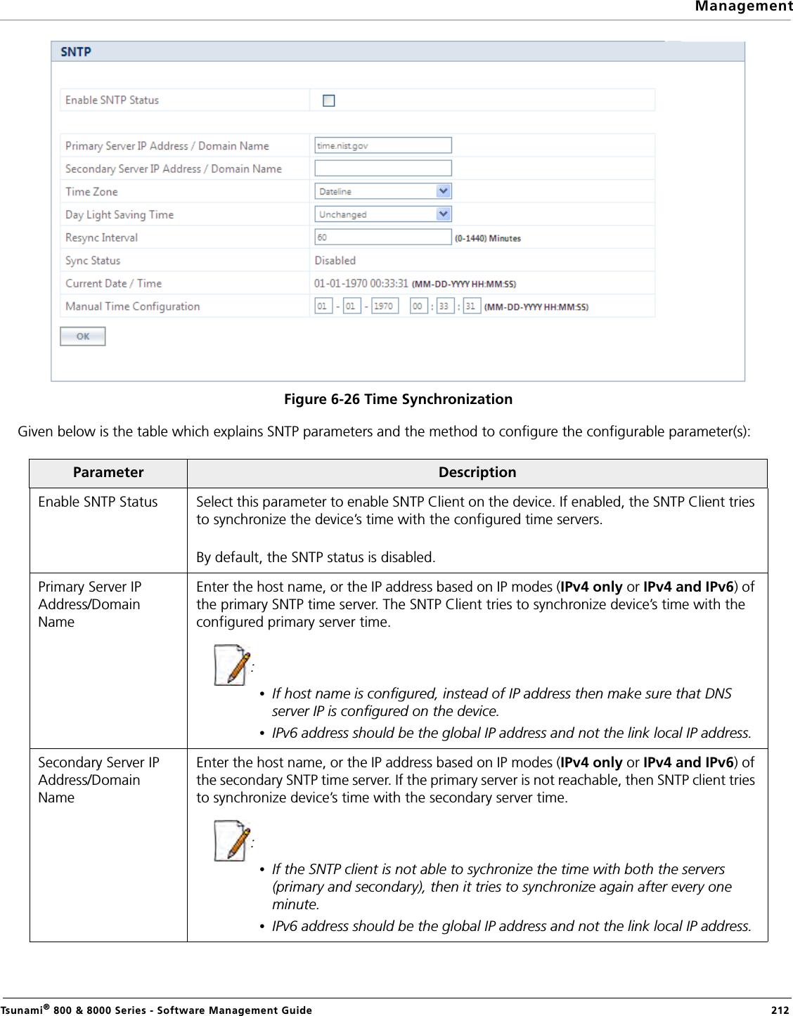 ManagementTsunami® 800 &amp; 8000 Series - Software Management Guide  212Figure 6-26 Time Synchronization Given below is the table which explains SNTP parameters and the method to configure the configurable parameter(s):Parameter DescriptionEnable SNTP Status Select this parameter to enable SNTP Client on the device. If enabled, the SNTP Client tries to synchronize the device’s time with the configured time servers.By default, the SNTP status is disabled.Primary Server IP Address/Domain NameEnter the host name, or the IP address based on IP modes (IPv4 only or IPv4 and IPv6) of the primary SNTP time server. The SNTP Client tries to synchronize device’s time with the configured primary server time.: •If host name is configured, instead of IP address then make sure that DNS server IP is configured on the device.•IPv6 address should be the global IP address and not the link local IP address. Secondary Server IP Address/Domain NameEnter the host name, or the IP address based on IP modes (IPv4 only or IPv4 and IPv6) of the secondary SNTP time server. If the primary server is not reachable, then SNTP client tries to synchronize device’s time with the secondary server time.:•If the SNTP client is not able to sychronize the time with both the servers (primary and secondary), then it tries to synchronize again after every one minute.•IPv6 address should be the global IP address and not the link local IP address. 