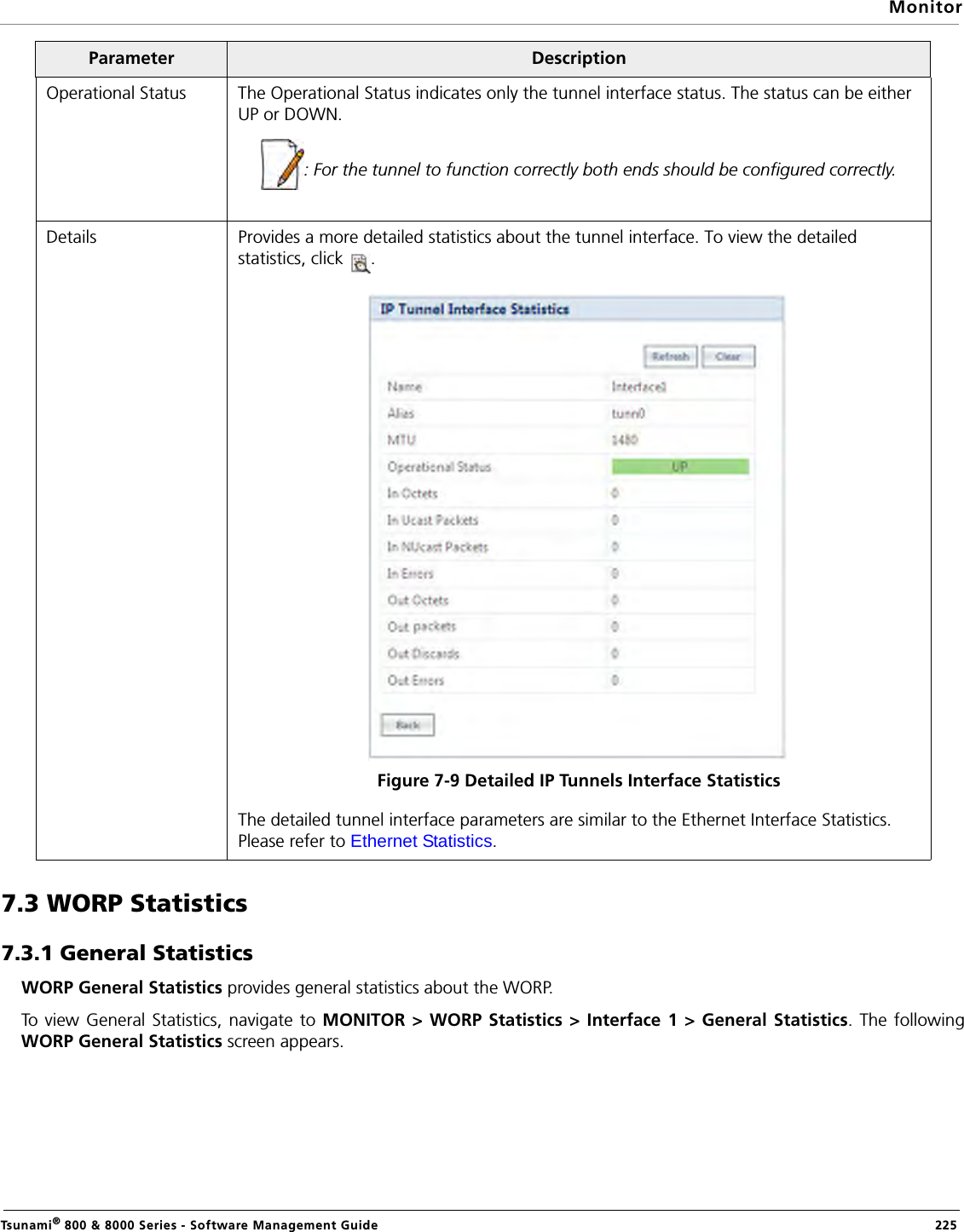 MonitorTsunami® 800 &amp; 8000 Series - Software Management Guide  2257.3 WORP Statistics7.3.1 General StatisticsWORP General Statistics provides general statistics about the WORP.To view General Statistics, navigate to MONITOR &gt; WORP Statistics &gt; Interface 1 &gt; General Statistics. The followingWORP General Statistics screen appears. Operational Status The Operational Status indicates only the tunnel interface status. The status can be either UP or DOWN.: For the tunnel to function correctly both ends should be configured correctly.Details Provides a more detailed statistics about the tunnel interface. To view the detailed statistics, click  . Figure 7-9 Detailed IP Tunnels Interface StatisticsThe detailed tunnel interface parameters are similar to the Ethernet Interface Statistics. Please refer to Ethernet Statistics.Parameter Description