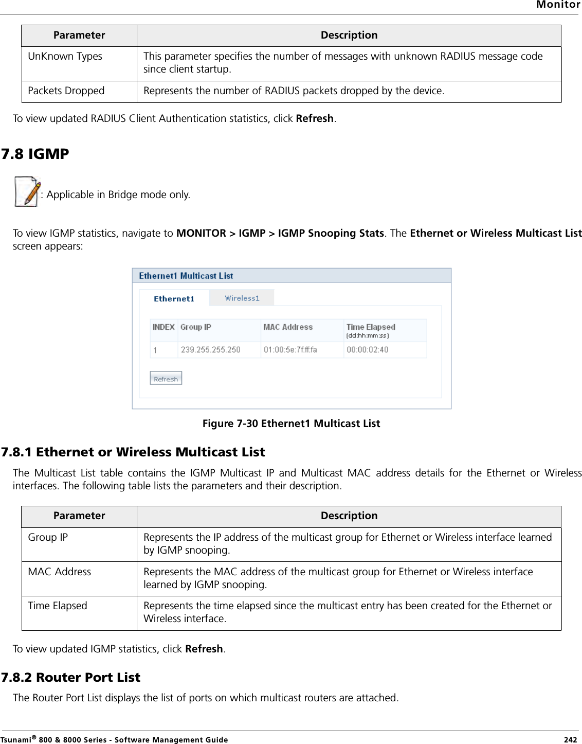 MonitorTsunami® 800 &amp; 8000 Series - Software Management Guide  242To view updated RADIUS Client Authentication statistics, click Refresh. 7.8 IGMP: Applicable in Bridge mode only.To view IGMP statistics, navigate to MONITOR &gt; IGMP &gt; IGMP Snooping Stats. The Ethernet or Wireless Multicast Listscreen appears:Figure 7-30 Ethernet1 Multicast List7.8.1 Ethernet or Wireless Multicast ListThe Multicast List table contains the IGMP Multicast IP and Multicast MAC address details for the Ethernet or Wirelessinterfaces. The following table lists the parameters and their description.To view updated IGMP statistics, click Refresh. 7.8.2 Router Port ListThe Router Port List displays the list of ports on which multicast routers are attached.UnKnown Types This parameter specifies the number of messages with unknown RADIUS message code since client startup.Packets Dropped Represents the number of RADIUS packets dropped by the device.Parameter DescriptionGroup IP Represents the IP address of the multicast group for Ethernet or Wireless interface learned by IGMP snooping.MAC Address Represents the MAC address of the multicast group for Ethernet or Wireless interface learned by IGMP snooping.Time Elapsed Represents the time elapsed since the multicast entry has been created for the Ethernet or Wireless interface.Parameter  Description