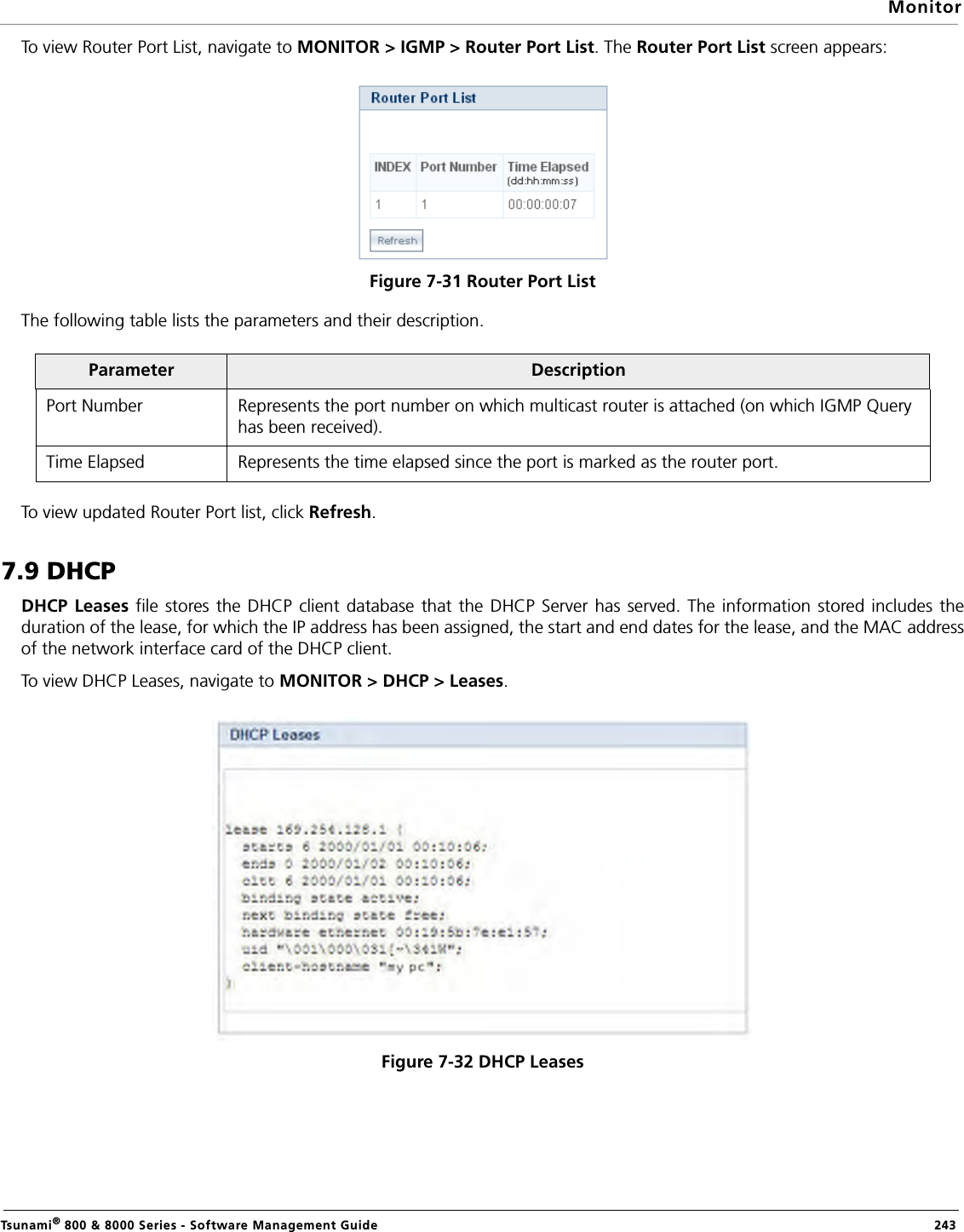 MonitorTsunami® 800 &amp; 8000 Series - Software Management Guide  243To view Router Port List, navigate to MONITOR &gt; IGMP &gt; Router Port List. The Router Port List screen appears:Figure 7-31 Router Port ListThe following table lists the parameters and their description.To view updated Router Port list, click Refresh. 7.9 DHCPDHCP Leases file stores the DHCP client database that the DHCP Server has served. The information stored includes theduration of the lease, for which the IP address has been assigned, the start and end dates for the lease, and the MAC addressof the network interface card of the DHCP client.To view DHCP Leases, navigate to MONITOR &gt; DHCP &gt; Leases.Figure 7-32 DHCP LeasesParameter DescriptionPort Number Represents the port number on which multicast router is attached (on which IGMP Query has been received).Time Elapsed Represents the time elapsed since the port is marked as the router port.