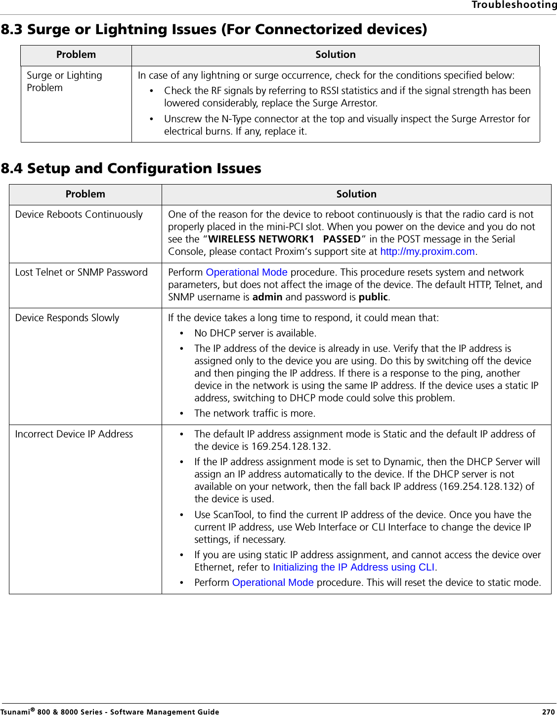 TroubleshootingTsunami® 800 &amp; 8000 Series - Software Management Guide  2708.3 Surge or Lightning Issues (For Connectorized devices)8.4 Setup and Configuration IssuesProblem SolutionSurge or Lighting ProblemIn case of any lightning or surge occurrence, check for the conditions specified below:•Check the RF signals by referring to RSSI statistics and if the signal strength has been lowered considerably, replace the Surge Arrestor.•Unscrew the N-Type connector at the top and visually inspect the Surge Arrestor for electrical burns. If any, replace it.Problem SolutionDevice Reboots Continuously One of the reason for the device to reboot continuously is that the radio card is not properly placed in the mini-PCI slot. When you power on the device and you do not see the “WIRELESS NETWORK1   PASSED” in the POST message in the Serial Console, please contact Proxim’s support site at http://my.proxim.com.Lost Telnet or SNMP Password Perform Operational Mode procedure. This procedure resets system and network parameters, but does not affect the image of the device. The default HTTP, Telnet, and SNMP username is admin and password is public.Device Responds Slowly If the device takes a long time to respond, it could mean that:•No DHCP server is available.•The IP address of the device is already in use. Verify that the IP address is assigned only to the device you are using. Do this by switching off the device and then pinging the IP address. If there is a response to the ping, another device in the network is using the same IP address. If the device uses a static IP address, switching to DHCP mode could solve this problem. •The network traffic is more.Incorrect Device IP Address •The default IP address assignment mode is Static and the default IP address of the device is 169.254.128.132. •If the IP address assignment mode is set to Dynamic, then the DHCP Server will assign an IP address automatically to the device. If the DHCP server is not available on your network, then the fall back IP address (169.254.128.132) of the device is used.•Use ScanTool, to find the current IP address of the device. Once you have the current IP address, use Web Interface or CLI Interface to change the device IP settings, if necessary.•If you are using static IP address assignment, and cannot access the device over Ethernet, refer to Initializing the IP Address using CLI.•Perform Operational Mode procedure. This will reset the device to static mode.