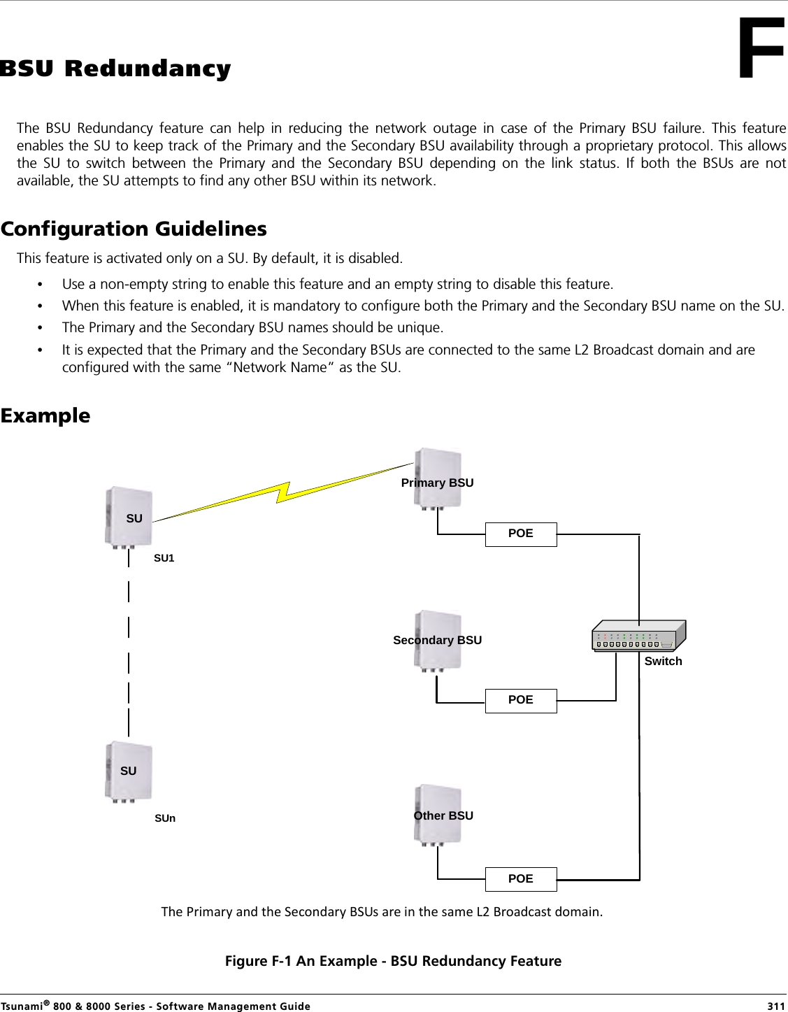 Tsunami® 800 &amp; 8000 Series - Software Management Guide  311FBSU RedundancyThe BSU Redundancy feature can help in reducing the network outage in case of the Primary BSU failure. This featureenables the SU to keep track of the Primary and the Secondary BSU availability through a proprietary protocol. This allowsthe SU to switch between the Primary and the Secondary BSU depending on the link status. If both the BSUs are notavailable, the SU attempts to find any other BSU within its network. Configuration GuidelinesThis feature is activated only on a SU. By default, it is disabled. •Use a non-empty string to enable this feature and an empty string to disable this feature.•When this feature is enabled, it is mandatory to configure both the Primary and the Secondary BSU name on the SU.•The Primary and the Secondary BSU names should be unique.•It is expected that the Primary and the Secondary BSUs are connected to the same L2 Broadcast domain and are configured with the same “Network Name” as the SU.ExampleFigure F-1 An Example - BSU Redundancy FeatureThePrimaryandtheSecondaryBSUsareinthesameL2Broadcastdomain.Other BSUPrimary BSUSUSUSUnSU1Secondary BSUPOEPOEPOESwitch