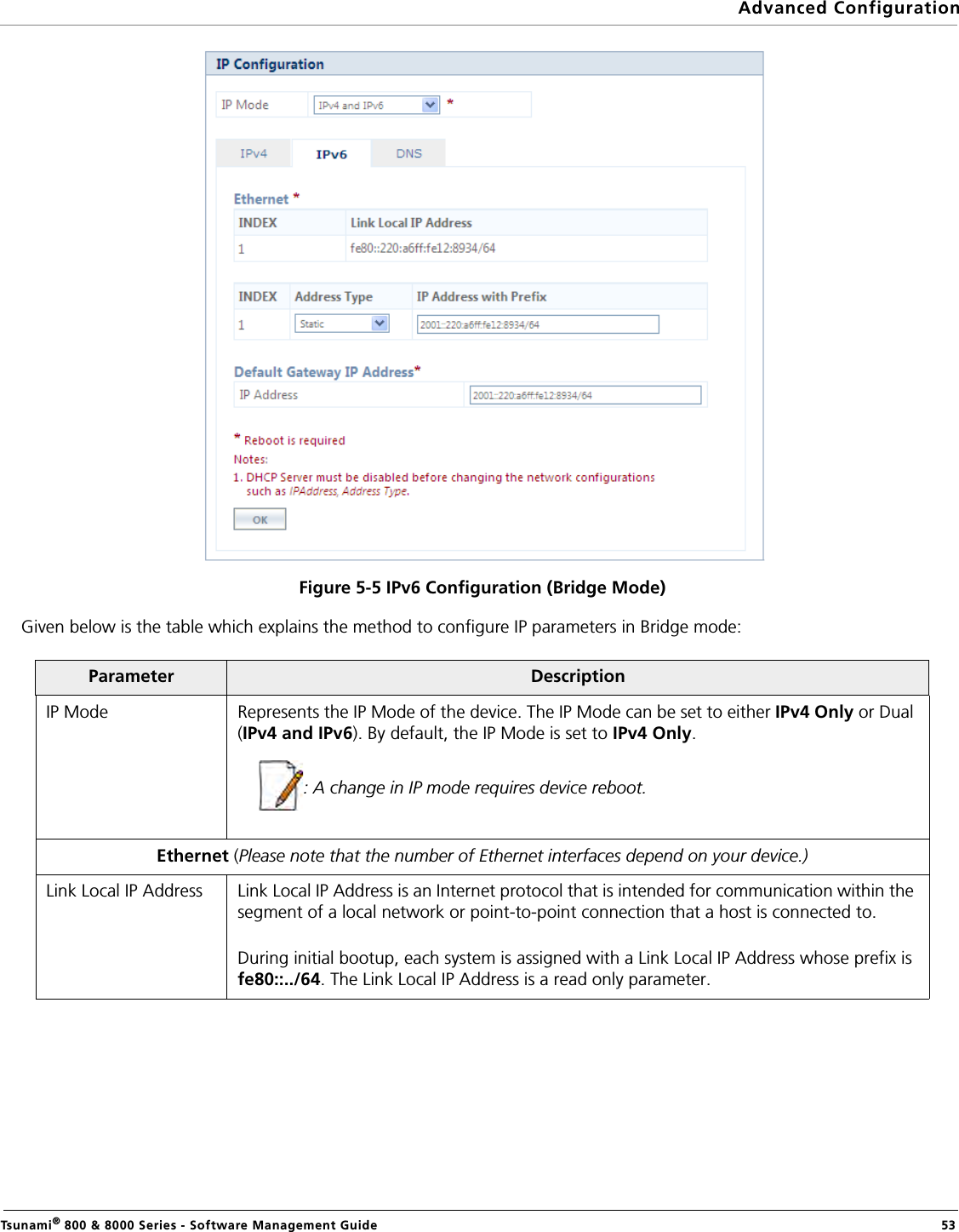 Advanced ConfigurationTsunami® 800 &amp; 8000 Series - Software Management Guide  53Figure 5-5 IPv6 Configuration (Bridge Mode)Given below is the table which explains the method to configure IP parameters in Bridge mode:Parameter DescriptionIP Mode Represents the IP Mode of the device. The IP Mode can be set to either IPv4 Only or Dual (IPv4 and IPv6). By default, the IP Mode is set to IPv4 Only. : A change in IP mode requires device reboot.Ethernet (Please note that the number of Ethernet interfaces depend on your device.)Link Local IP Address Link Local IP Address is an Internet protocol that is intended for communication within the segment of a local network or point-to-point connection that a host is connected to.During initial bootup, each system is assigned with a Link Local IP Address whose prefix is fe80::../64. The Link Local IP Address is a read only parameter. 