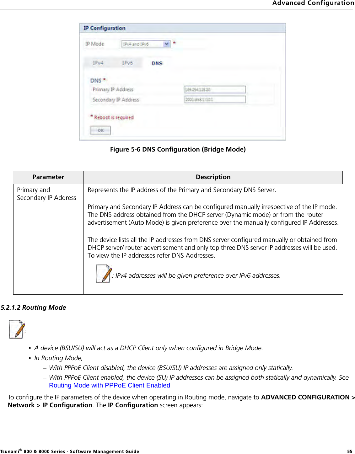 Advanced ConfigurationTsunami® 800 &amp; 8000 Series - Software Management Guide  55Figure 5-6 DNS Configuration (Bridge Mode)5.2.1.2 Routing Mode: •A device (BSU/SU) will act as a DHCP Client only when configured in Bridge Mode. •In Routing Mode,–With PPPoE Client disabled, the device (BSU/SU) IP addresses are assigned only statically.–With PPPoE Client enabled, the device (SU) IP addresses can be assigned both statically and dynamically. See Routing Mode with PPPoE Client Enabled To configure the IP parameters of the device when operating in Routing mode, navigate to ADVANCED CONFIGURATION &gt;Network &gt; IP Configuration. The IP Configuration screen appears:Parameter DescriptionPrimary and Secondary IP AddressRepresents the IP address of the Primary and Secondary DNS Server. Primary and Secondary IP Address can be configured manually irrespective of the IP mode. The DNS address obtained from the DHCP server (Dynamic mode) or from the router advertisement (Auto Mode) is given preference over the manually configured IP Addresses.The device lists all the IP addresses from DNS server configured manually or obtained from DHCP server/ router advertisement and only top three DNS server IP addresses will be used. To view the IP addresses refer DNS Addresses.: IPv4 addresses will be given preference over IPv6 addresses.