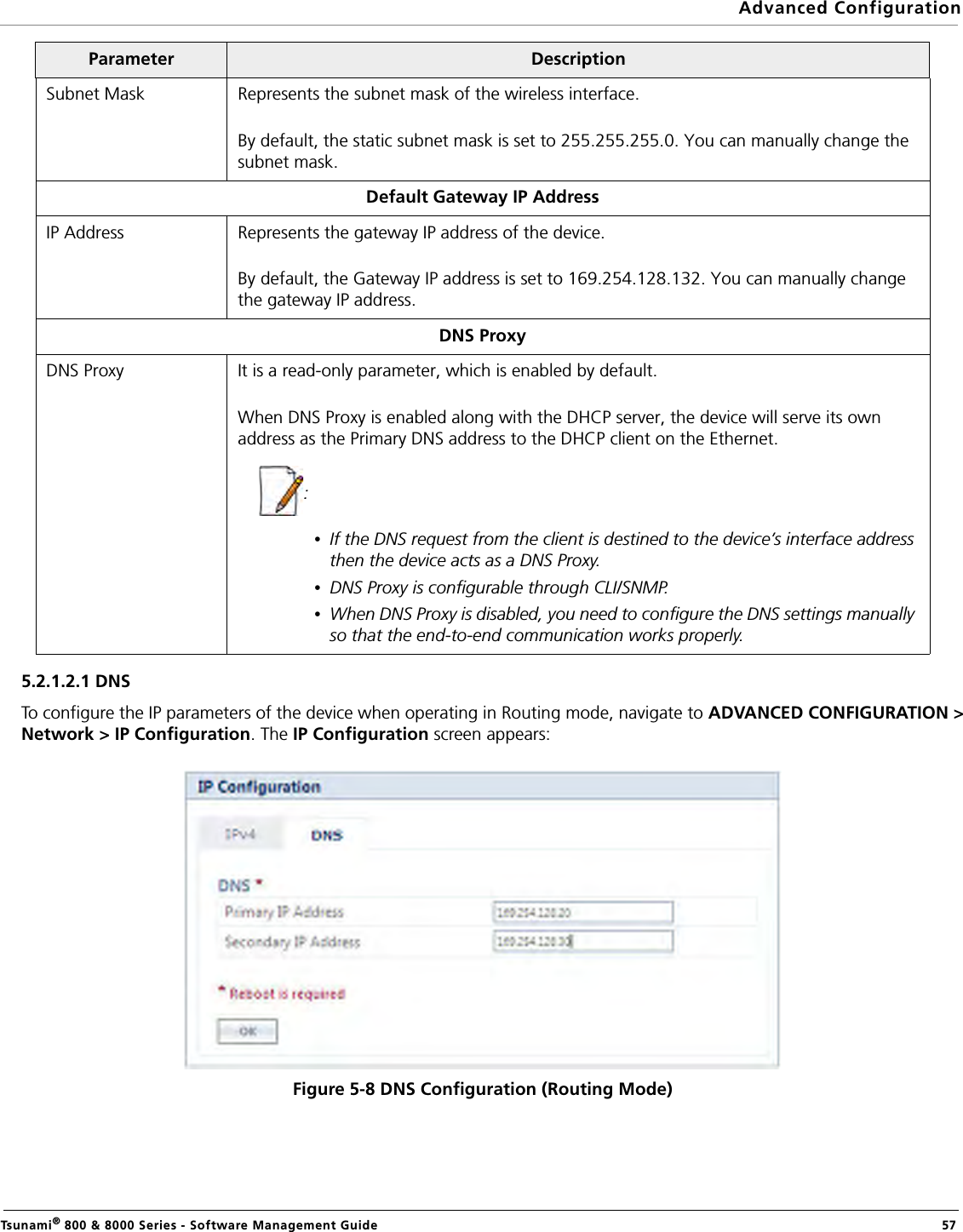 Advanced ConfigurationTsunami® 800 &amp; 8000 Series - Software Management Guide  575.2.1.2.1 DNSTo configure the IP parameters of the device when operating in Routing mode, navigate to ADVANCED CONFIGURATION &gt;Network &gt; IP Configuration. The IP Configuration screen appears:Figure 5-8 DNS Configuration (Routing Mode)Subnet Mask Represents the subnet mask of the wireless interface. By default, the static subnet mask is set to 255.255.255.0. You can manually change the subnet mask.Default Gateway IP AddressIP Address Represents the gateway IP address of the device. By default, the Gateway IP address is set to 169.254.128.132. You can manually change the gateway IP address.DNS ProxyDNS Proxy It is a read-only parameter, which is enabled by default. When DNS Proxy is enabled along with the DHCP server, the device will serve its own address as the Primary DNS address to the DHCP client on the Ethernet. : •If the DNS request from the client is destined to the device’s interface address then the device acts as a DNS Proxy.•DNS Proxy is configurable through CLI/SNMP. •When DNS Proxy is disabled, you need to configure the DNS settings manually so that the end-to-end communication works properly. Parameter Description