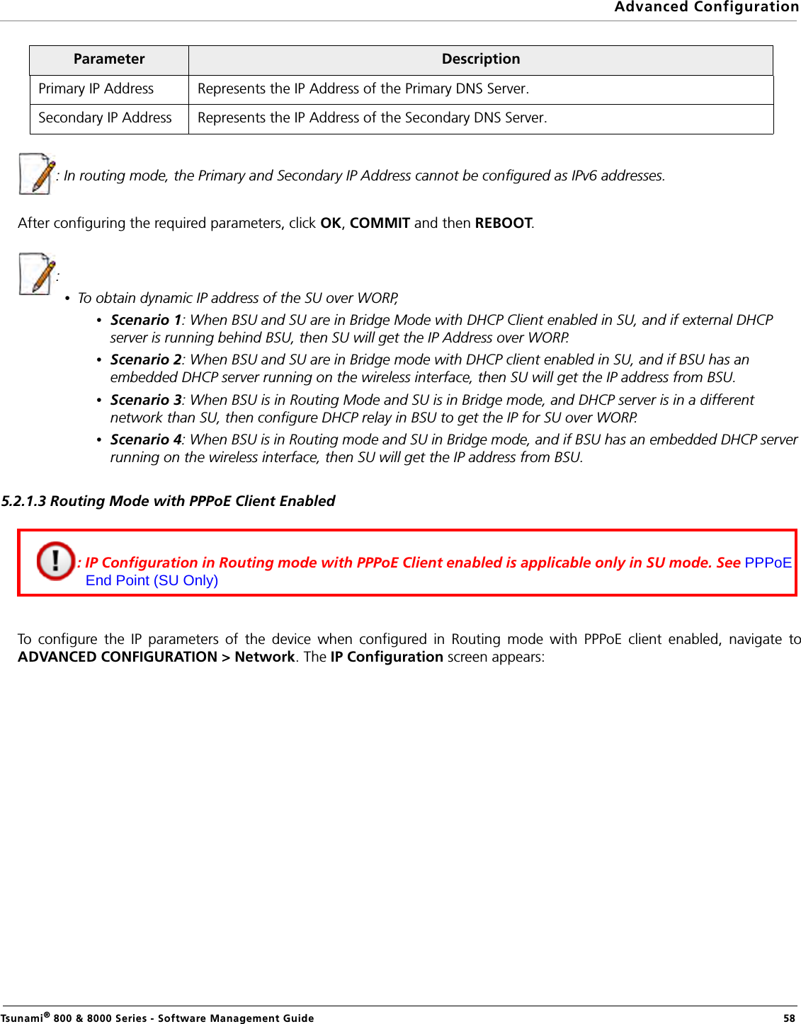 Advanced ConfigurationTsunami® 800 &amp; 8000 Series - Software Management Guide  58: In routing mode, the Primary and Secondary IP Address cannot be configured as IPv6 addresses.After configuring the required parameters, click OK, COMMIT and then REBOOT.: •To obtain dynamic IP address of the SU over WORP,•Scenario 1: When BSU and SU are in Bridge Mode with DHCP Client enabled in SU, and if external DHCP server is running behind BSU, then SU will get the IP Address over WORP.•Scenario 2: When BSU and SU are in Bridge mode with DHCP client enabled in SU, and if BSU has an embedded DHCP server running on the wireless interface, then SU will get the IP address from BSU.•Scenario 3: When BSU is in Routing Mode and SU is in Bridge mode, and DHCP server is in a different network than SU, then configure DHCP relay in BSU to get the IP for SU over WORP. •Scenario 4: When BSU is in Routing mode and SU in Bridge mode, and if BSU has an embedded DHCP server running on the wireless interface, then SU will get the IP address from BSU.5.2.1.3 Routing Mode with PPPoE Client EnabledTo configure the IP parameters of the device when configured in Routing mode with PPPoE client enabled, navigate toADVANCED CONFIGURATION &gt; Network. The IP Configuration screen appears:Parameter DescriptionPrimary IP Address Represents the IP Address of the Primary DNS Server. Secondary IP Address Represents the IP Address of the Secondary DNS Server. : IP Configuration in Routing mode with PPPoE Client enabled is applicable only in SU mode. See PPPoE End Point (SU Only) 