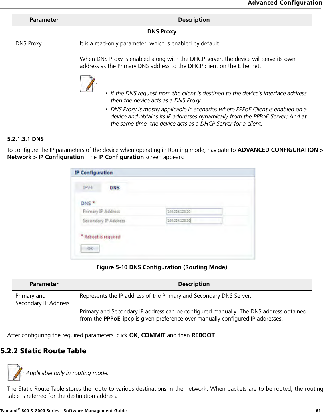 Advanced ConfigurationTsunami® 800 &amp; 8000 Series - Software Management Guide  615.2.1.3.1 DNSTo configure the IP parameters of the device when operating in Routing mode, navigate to ADVANCED CONFIGURATION &gt;Network &gt; IP Configuration. The IP Configuration screen appears:Figure 5-10 DNS Configuration (Routing Mode)After configuring the required parameters, click OK, COMMIT and then REBOOT.5.2.2 Static Route Table : Applicable only in routing mode.The Static Route Table stores the route to various destinations in the network. When packets are to be routed, the routingtable is referred for the destination address.DNS ProxyDNS Proxy It is a read-only parameter, which is enabled by default.When DNS Proxy is enabled along with the DHCP server, the device will serve its own address as the Primary DNS address to the DHCP client on the Ethernet.: •If the DNS request from the client is destined to the device’s interface address then the device acts as a DNS Proxy. •DNS Proxy is mostly applicable in scenarios where PPPoE Client is enabled on a device and obtains its IP addresses dynamically from the PPPoE Server; And at the same time, the device acts as a DHCP Server for a client.Parameter DescriptionPrimary and Secondary IP AddressRepresents the IP address of the Primary and Secondary DNS Server. Primary and Secondary IP address can be configured manually. The DNS address obtained from the PPPoE-ipcp is given preference over manually configured IP addresses.Parameter Description