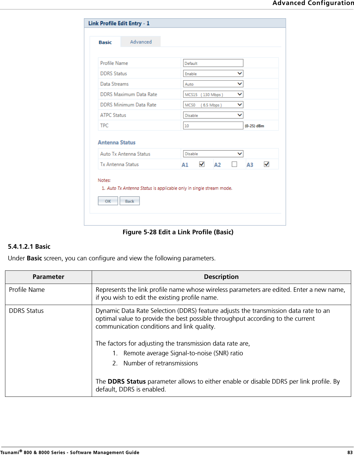 Advanced ConfigurationTsunami® 800 &amp; 8000 Series - Software Management Guide  83Figure 5-28 Edit a Link Profile (Basic)5.4.1.2.1 Basic Under Basic screen, you can configure and view the following parameters.Parameter DescriptionProfile Name Represents the link profile name whose wireless parameters are edited. Enter a new name, if you wish to edit the existing profile name. DDRS Status Dynamic Data Rate Selection (DDRS) feature adjusts the transmission data rate to an optimal value to provide the best possible throughput according to the current communication conditions and link quality.The factors for adjusting the transmission data rate are,1. Remote average Signal-to-noise (SNR) ratio2. Number of retransmissionsThe DDRS Status parameter allows to either enable or disable DDRS per link profile. By default, DDRS is enabled.