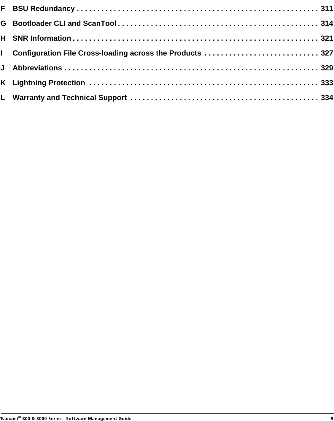                                                                                                                                                   Tsunami® 800 &amp; 8000 Series - Software Management Guide  9F BSU Redundancy . . . . . . . . . . . . . . . . . . . . . . . . . . . . . . . . . . . . . . . . . . . . . . . . . . . . . . . . . . . 311G Bootloader CLI and ScanTool . . . . . . . . . . . . . . . . . . . . . . . . . . . . . . . . . . . . . . . . . . . . . . . . . 314H SNR Information . . . . . . . . . . . . . . . . . . . . . . . . . . . . . . . . . . . . . . . . . . . . . . . . . . . . . . . . . . . . 321I Configuration File Cross-loading across the Products . . . . . . . . . . . . . . . . . . . . . . . . . . . . 327J Abbreviations . . . . . . . . . . . . . . . . . . . . . . . . . . . . . . . . . . . . . . . . . . . . . . . . . . . . . . . . . . . . . . 329K Lightning Protection  . . . . . . . . . . . . . . . . . . . . . . . . . . . . . . . . . . . . . . . . . . . . . . . . . . . . . . . . 333L Warranty and Technical Support  . . . . . . . . . . . . . . . . . . . . . . . . . . . . . . . . . . . . . . . . . . . . . . 334