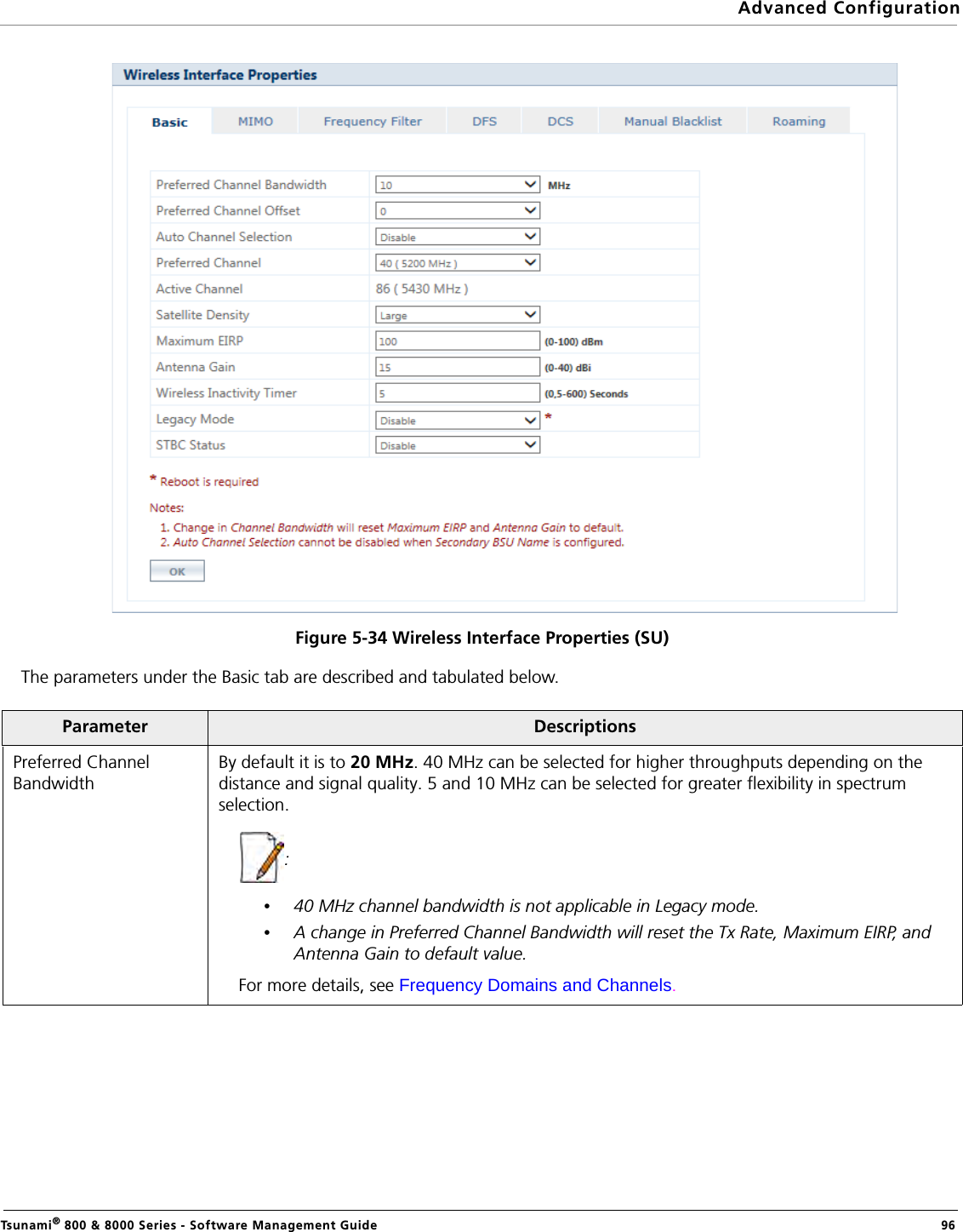 Advanced ConfigurationTsunami® 800 &amp; 8000 Series - Software Management Guide  96Figure 5-34 Wireless Interface Properties (SU) The parameters under the Basic tab are described and tabulated below.Parameter DescriptionsPreferred Channel BandwidthBy default it is to 20 MHz. 40 MHz can be selected for higher throughputs depending on the distance and signal quality. 5 and 10 MHz can be selected for greater flexibility in spectrum selection.: •40 MHz channel bandwidth is not applicable in Legacy mode.•A change in Preferred Channel Bandwidth will reset the Tx Rate, Maximum EIRP, and Antenna Gain to default value.For more details, see Frequency Domains and Channels.