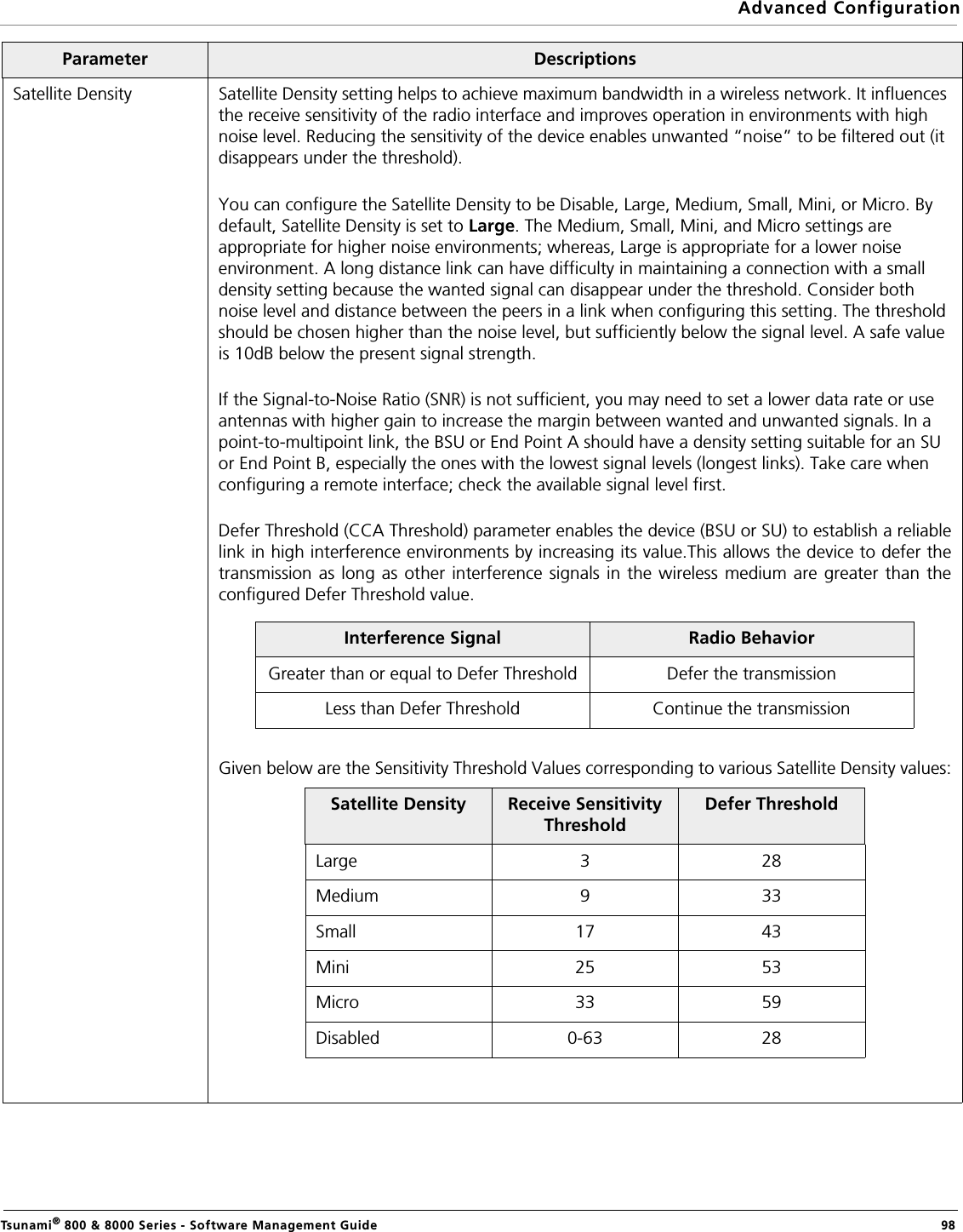 Advanced ConfigurationTsunami® 800 &amp; 8000 Series - Software Management Guide  98Satellite Density Satellite Density setting helps to achieve maximum bandwidth in a wireless network. It influences the receive sensitivity of the radio interface and improves operation in environments with high noise level. Reducing the sensitivity of the device enables unwanted “noise” to be filtered out (it disappears under the threshold). You can configure the Satellite Density to be Disable, Large, Medium, Small, Mini, or Micro. By default, Satellite Density is set to Large. The Medium, Small, Mini, and Micro settings are appropriate for higher noise environments; whereas, Large is appropriate for a lower noise environment. A long distance link can have difficulty in maintaining a connection with a small density setting because the wanted signal can disappear under the threshold. Consider both noise level and distance between the peers in a link when configuring this setting. The threshold should be chosen higher than the noise level, but sufficiently below the signal level. A safe value is 10dB below the present signal strength.If the Signal-to-Noise Ratio (SNR) is not sufficient, you may need to set a lower data rate or use antennas with higher gain to increase the margin between wanted and unwanted signals. In a point-to-multipoint link, the BSU or End Point A should have a density setting suitable for an SU or End Point B, especially the ones with the lowest signal levels (longest links). Take care when configuring a remote interface; check the available signal level first.Defer Threshold (CCA Threshold) parameter enables the device (BSU or SU) to establish a reliablelink in high interference environments by increasing its value.This allows the device to defer thetransmission as long as other interference signals in the wireless medium are greater than theconfigured Defer Threshold value. Given below are the Sensitivity Threshold Values corresponding to various Satellite Density values:Parameter DescriptionsInterference Signal Radio BehaviorGreater than or equal to Defer Threshold Defer the transmissionLess than Defer Threshold Continue the transmissionSatellite Density Receive Sensitivity ThresholdDefer ThresholdLarge 328Medium 933Small 17 43Mini 25 53Micro 33 59Disabled 0-63 28