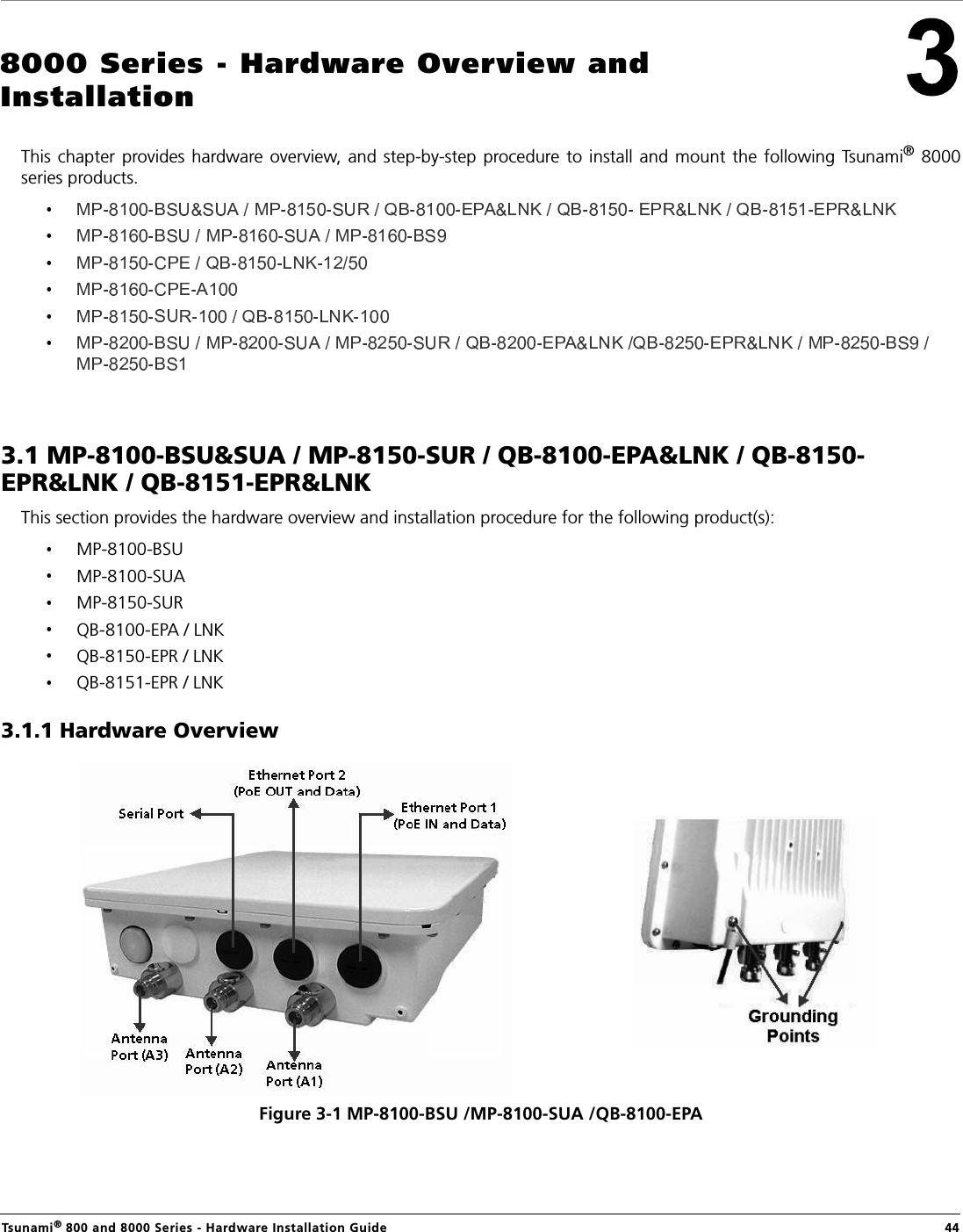 Tsunami® 800 and 8000 Series - Hardware Installation Guide  448000 Series - Hardware Overview and InstallationThis chapter provides hardware overview,  and step-by-step procedure to install and  mount  the following Tsunami®  8000series products. 3.1 MP-8100-BSU&amp;SUA / MP-8150-SUR / QB-8100-EPA&amp;LNK / QB-8150- EPR&amp;LNK / QB-8151-EPR&amp;LNKThis section provides the hardware overview and installation procedure for the following product(s): MP-8100-BSUMP-8100-SUAMP-8150-SURQB-8100-EPA / LNK QB-8150-EPR / LNKQB-8151-EPR / LNK3.1.1 Hardware OverviewFigure 3-1 MP-8100-BSU /MP-8100-SUA /QB-8100-EPA