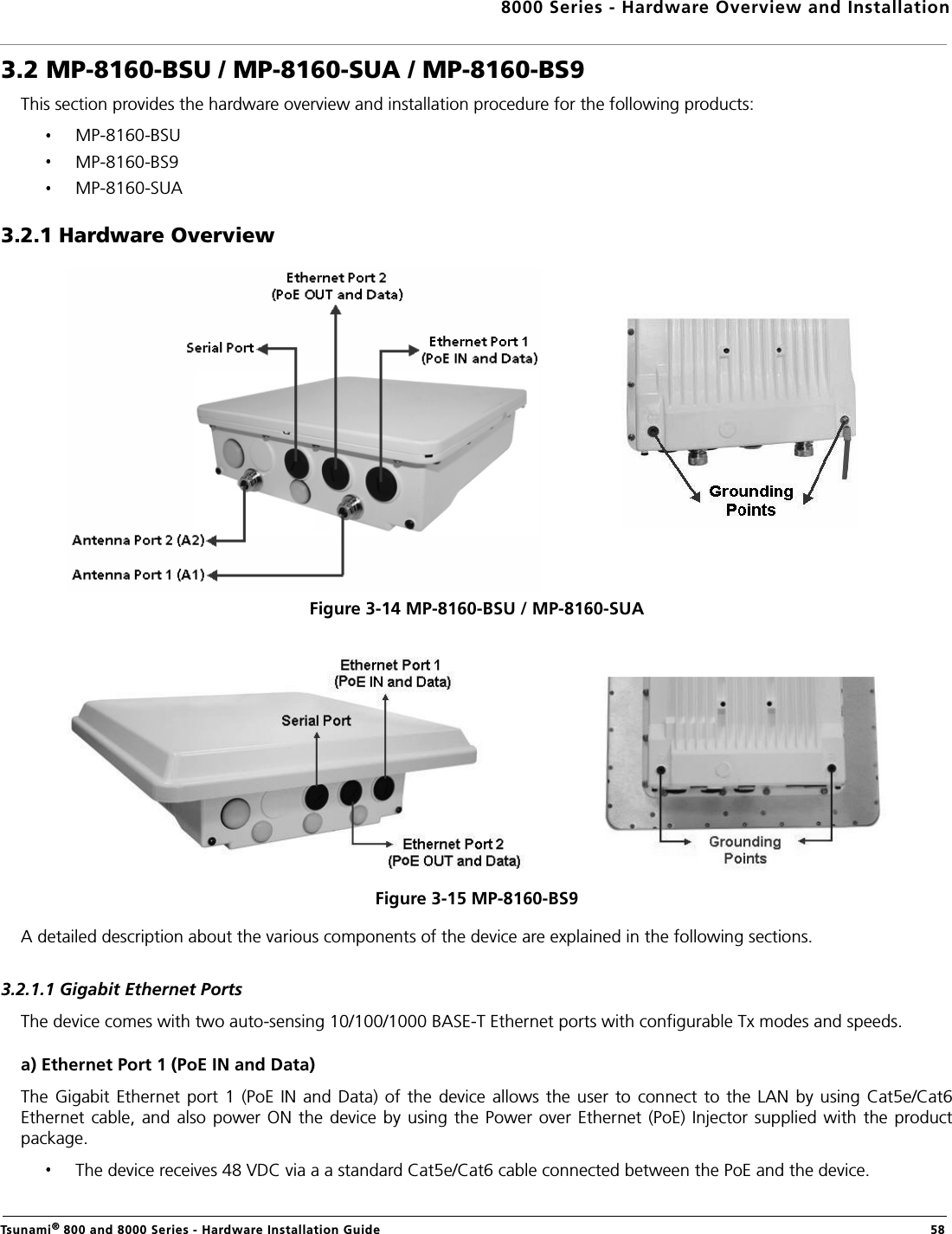 8000 Series - Hardware Overview and InstallationTsunami® 800 and 8000 Series - Hardware Installation Guide  583.2 MP-8160-BSU / MP-8160-SUA / MP-8160-BS9This section provides the hardware overview and installation procedure for the following products: MP-8160-BSUMP-8160-BS9MP-8160-SUA3.2.1 Hardware OverviewFigure 3-14 MP-8160-BSU / MP-8160-SUAFigure 3-15 MP-8160-BS9A detailed description about the various components of the device are explained in the following sections.3.2.1.1 Gigabit Ethernet PortsThe device comes with two auto-sensing 10/100/1000 BASE-T Ethernet ports with configurable Tx modes and speeds.a) Ethernet Port 1 (PoE IN and Data)The  Gigabit  Ethernet port 1  (PoE  IN  and  Data)  of  the  device  allows  the  user  to  connect  to the LAN  by using  Cat5e/Cat6Ethernet cable, and  also power ON the  device  by  using the Power over  Ethernet  (PoE)  Injector supplied with the  productpackage.The device receives 48 VDC via a a standard Cat5e/Cat6 cable connected between the PoE and the device.