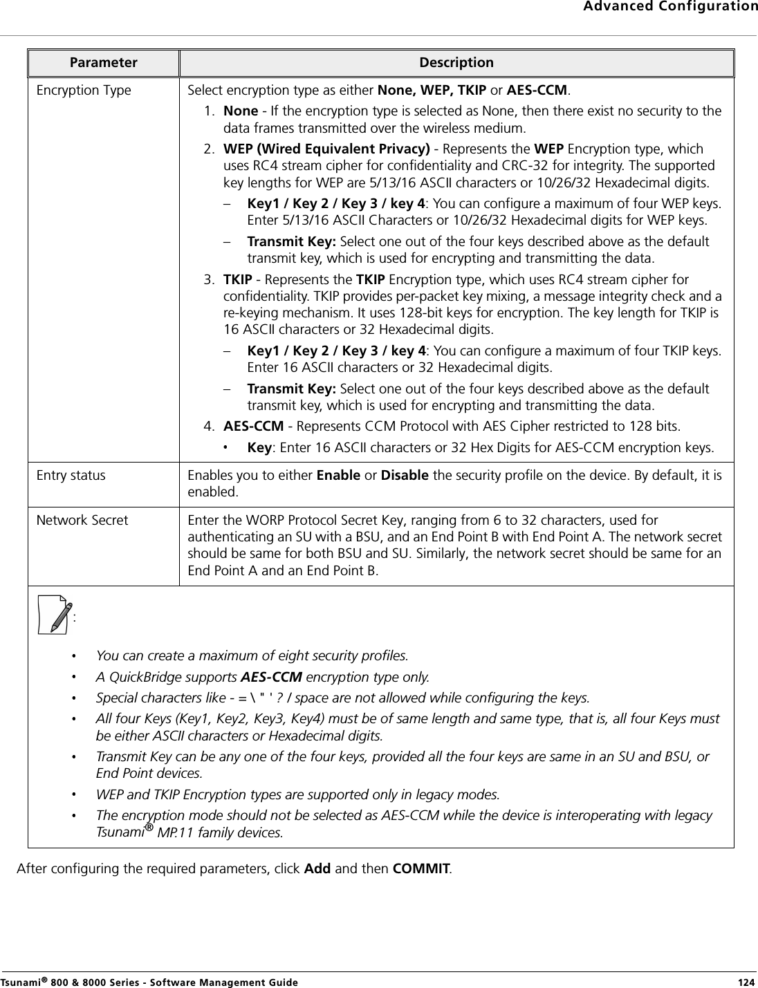 Advanced ConfigurationTsunami® 800 &amp; 8000 Series - Software Management Guide  124After configuring the required parameters, click Add and then COMMIT.Encryption Type Select encryption type as either None, WEP, TKIP or AES-CCM.1. None - If the encryption type is selected as None, then there exist no security to the data frames transmitted over the wireless medium.2. WEP (Wired Equivalent Privacy) - Represents the WEP Encryption type, which uses RC4 stream cipher for confidentiality and CRC-32 for integrity. The supported key lengths for WEP are 5/13/16 ASCII characters or 10/26/32 Hexadecimal digits. –Key1 / Key 2 / Key 3 / key 4: You can configure a maximum of four WEP keys. Enter 5/13/16 ASCII Characters or 10/26/32 Hexadecimal digits for WEP keys.–Transmit Key: Select one out of the four keys described above as the default transmit key, which is used for encrypting and transmitting the data.3. TKIP - Represents the TKIP Encryption type, which uses RC4 stream cipher for confidentiality. TKIP provides per-packet key mixing, a message integrity check and a re-keying mechanism. It uses 128-bit keys for encryption. The key length for TKIP is 16 ASCII characters or 32 Hexadecimal digits. –Key1 / Key 2 / Key 3 / key 4: You can configure a maximum of four TKIP keys. Enter 16 ASCII characters or 32 Hexadecimal digits. –Transmit Key: Select one out of the four keys described above as the default transmit key, which is used for encrypting and transmitting the data.4. AES-CCM - Represents CCM Protocol with AES Cipher restricted to 128 bits.Key: Enter 16 ASCII characters or 32 Hex Digits for AES-CCM encryption keys.Entry status Enables you to either Enable or Disable the security profile on the device. By default, it is enabled.Network Secret Enter the WORP Protocol Secret Key, ranging from 6 to 32 characters, used for authenticating an SU with a BSU, and an End Point B with End Point A. The network secret should be same for both BSU and SU. Similarly, the network secret should be same for an End Point A and an End Point B.: You can create a maximum of eight security profiles.A QuickBridge supports AES-CCM encryption type only.Special characters like - = \ &quot; &apos; ? / space are not allowed while configuring the keys.All four Keys (Key1, Key2, Key3, Key4) must be of same length and same type, that is, all four Keys must be either ASCII characters or Hexadecimal digits.Transmit Key can be any one of the four keys, provided all the four keys are same in an SU and BSU, or End Point devices.WEP and TKIP Encryption types are supported only in legacy modes. The encryption mode should not be selected as AES-CCM while the device is interoperating with legacy Tsunami® MP.11 family devices.Parameter Description