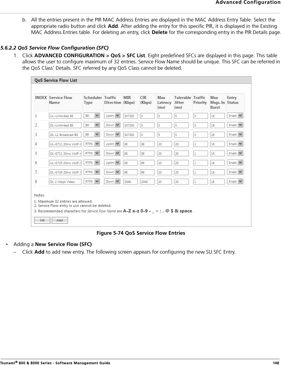 Advanced ConfigurationTsunami® 800 &amp; 8000 Series - Software Management Guide  148b. All the entries present in the PIR MAC Address Entries are displayed in the MAC Address Entry Table. Select the appropriate radio button and click Add. After adding the entry for this specific PIR, it is displayed in the Existing MAC Address Entries table. For deleting an entry, click Delete for the corresponding entry in the PIR Details page.5.6.2.2 QoS Service Flow Configuration (SFC)1. Click ADVANCED CONFIGURATION &gt; QoS &gt; SFC List. Eight predefined SFCs are displayed in this page. This table allows the user to configure maximum of 32 entries. Service Flow Name should be unique. This SFC can be referred in the QoS Class’ Details. SFC referred by any QoS Class cannot be deleted.Figure 5-74 QoS Service Flow EntriesAdding a New Service Flow (SFC)– Click Add to add new entry. The following screen appears for configuring the new SU SFC Entry.