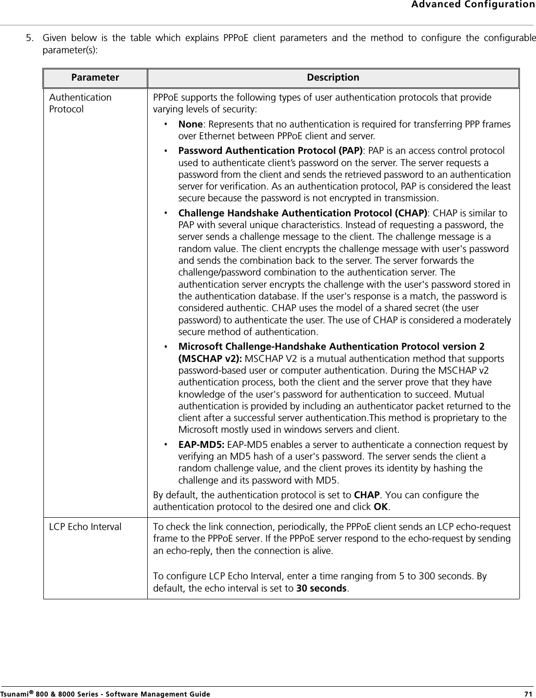 Advanced ConfigurationTsunami® 800 &amp; 8000 Series - Software Management Guide  715. Given  below  is  the  table  which  explains  PPPoE  client  parameters  and  the  method  to  configure  the  configurableparameter(s):Parameter DescriptionAuthentication ProtocolPPPoE supports the following types of user authentication protocols that provide varying levels of security:None: Represents that no authentication is required for transferring PPP frames over Ethernet between PPPoE client and server. Password Authentication Protocol (PAP): PAP is an access control protocol used to authenticate client’s password on the server. The server requests a password from the client and sends the retrieved password to an authentication server for verification. As an authentication protocol, PAP is considered the least secure because the password is not encrypted in transmission.Challenge Handshake Authentication Protocol (CHAP): CHAP is similar to PAP with several unique characteristics. Instead of requesting a password, the server sends a challenge message to the client. The challenge message is a random value. The client encrypts the challenge message with user&apos;s password and sends the combination back to the server. The server forwards the challenge/password combination to the authentication server. The authentication server encrypts the challenge with the user&apos;s password stored in the authentication database. If the user&apos;s response is a match, the password is considered authentic. CHAP uses the model of a shared secret (the user password) to authenticate the user. The use of CHAP is considered a moderately secure method of authentication.Microsoft Challenge-Handshake Authentication Protocol version 2 (MSCHAP v2): MSCHAP V2 is a mutual authentication method that supports password-based user or computer authentication. During the MSCHAP v2 authentication process, both the client and the server prove that they have knowledge of the user&apos;s password for authentication to succeed. Mutual authentication is provided by including an authenticator packet returned to the client after a successful server authentication.This method is proprietary to the Microsoft mostly used in windows servers and client.EAP-MD5: EAP-MD5 enables a server to authenticate a connection request by verifying an MD5 hash of a user&apos;s password. The server sends the client a random challenge value, and the client proves its identity by hashing the challenge and its password with MD5.By default, the authentication protocol is set to CHAP. You can configure the authentication protocol to the desired one and click OK.LCP Echo Interval To check the link connection, periodically, the PPPoE client sends an LCP echo-request frame to the PPPoE server. If the PPPoE server respond to the echo-request by sending an echo-reply, then the connection is alive.To configure LCP Echo Interval, enter a time ranging from 5 to 300 seconds. By default, the echo interval is set to 30 seconds.