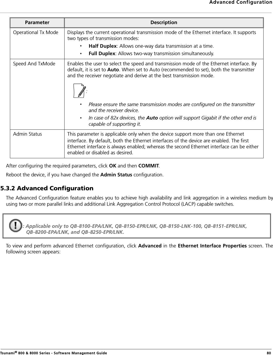 Advanced ConfigurationTsunami® 800 &amp; 8000 Series - Software Management Guide  80After configuring the required parameters, click OK and then COMMIT.Reboot the device, if you have changed the Admin Status configuration.5.3.2 Advanced ConfigurationThe Advanced Configuration feature enables you to achieve high availability and link aggregation in a wireless medium byusing two or more parallel links and additional Link Aggregation Control Protocol (LACP) capable switches. To view and perform advanced Ethernet configuration, click Advanced in the Ethernet Interface Properties screen. Thefollowing screen appears:Operational Tx Mode Displays the current operational transmission mode of the Ethernet interface. It supports two types of transmission modes:Half Duplex: Allows one-way data transmission at a time.Full Duplex: Allows two-way transmission simultaneously.Speed And TxMode Enables the user to select the speed and transmission mode of the Ethernet interface. By default, it is set to Auto. When set to Auto (recommended to set), both the transmitter and the receiver negotiate and derive at the best transmission mode. : Please ensure the same transmission modes are configured on the transmitter and the receiver device. In case of 82x devices, the Auto option will support Gigabit if the other end is capable of supporting it.Admin Status This parameter is applicable only when the device support more than one Ethernetinterface. By default, both the Ethernet interfaces of the device are enabled. The first Ethernet interface is always enabled; whereas the second Ethernet interface can be either enabled or disabled as desired.Parameter Description: Applicable only to QB-8100-EPA/LNK, QB-8150-EPR/LNK, QB-8150-LNK-100, QB-8151-EPR/LNK,  QB-8200-EPA/LNK, and QB-8250-EPR/LNK.