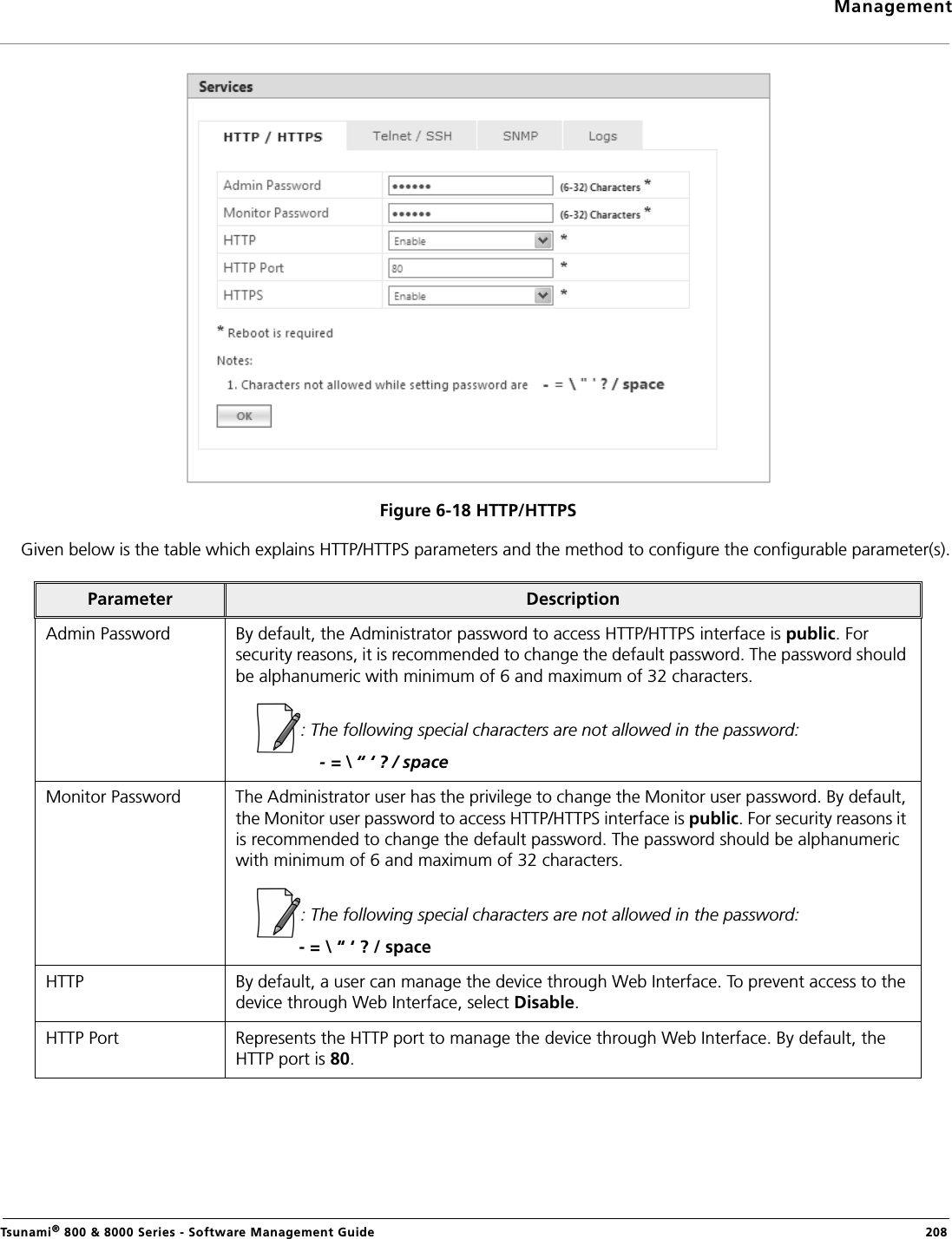 ManagementTsunami® 800 &amp; 8000 Series - Software Management Guide  208Figure 6-18 HTTP/HTTPS Given below is the table which explains HTTP/HTTPS parameters and the method to configure the configurable parameter(s). Parameter DescriptionAdmin Password By default, the Administrator password to access HTTP/HTTPS interface is public. For security reasons, it is recommended to change the default password. The password should be alphanumeric with minimum of 6 and maximum of 32 characters. : The following special characters are not allowed in the password:             - = \ “ ‘ ? / spaceMonitor Password The Administrator user has the privilege to change the Monitor user password. By default, the Monitor user password to access HTTP/HTTPS interface is public. For security reasons it is recommended to change the default password. The password should be alphanumeric with minimum of 6 and maximum of 32 characters. : The following special characters are not allowed in the password:             - = \ “ ‘ ? / spaceHTTP By default, a user can manage the device through Web Interface. To prevent access to the device through Web Interface, select Disable. HTTP Port Represents the HTTP port to manage the device through Web Interface. By default, the HTTP port is 80. 