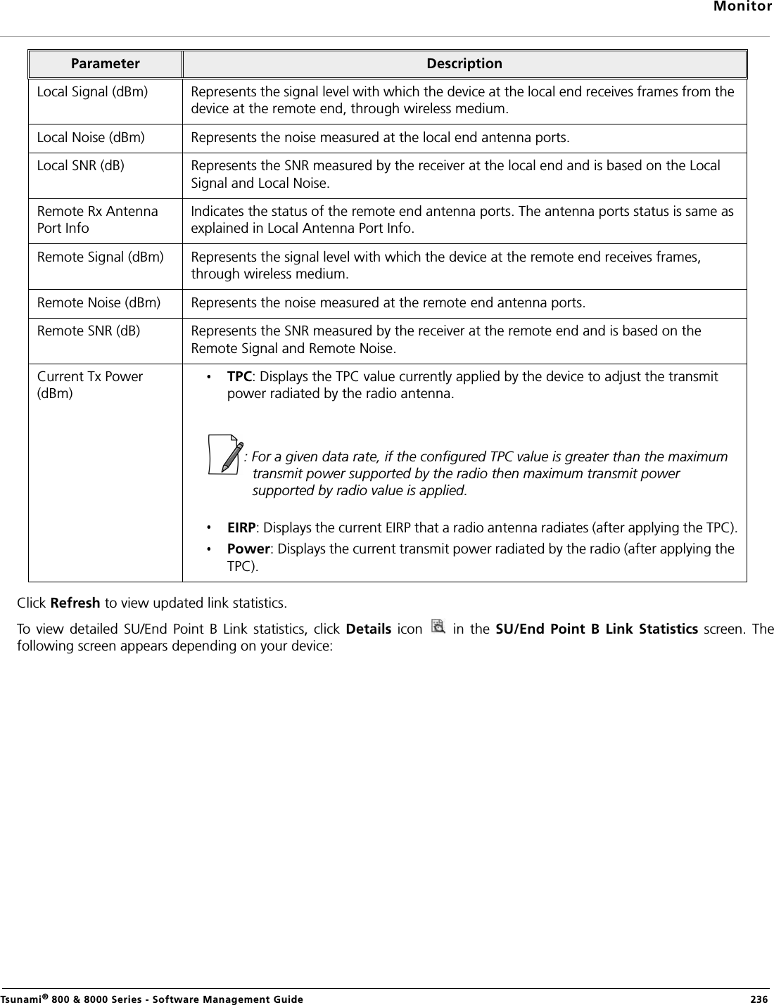 MonitorTsunami® 800 &amp; 8000 Series - Software Management Guide  236Click Refresh to view updated link statistics.To  view  detailed  SU/End  Point  B  Link  statistics,  click  Details  icon    in  the  SU/End  Point  B  Link  Statistics  screen.  Thefollowing screen appears depending on your device:Local Signal (dBm) Represents the signal level with which the device at the local end receives frames from the device at the remote end, through wireless medium.Local Noise (dBm) Represents the noise measured at the local end antenna ports.Local SNR (dB) Represents the SNR measured by the receiver at the local end and is based on the Local Signal and Local Noise.Remote Rx Antenna Port InfoIndicates the status of the remote end antenna ports. The antenna ports status is same as explained in Local Antenna Port Info.Remote Signal (dBm) Represents the signal level with which the device at the remote end receives frames, through wireless medium.Remote Noise (dBm) Represents the noise measured at the remote end antenna ports.Remote SNR (dB) Represents the SNR measured by the receiver at the remote end and is based on the Remote Signal and Remote Noise.Current Tx Power (dBm)TPC: Displays the TPC value currently applied by the device to adjust the transmit power radiated by the radio antenna. : For a given data rate, if the configured TPC value is greater than the maximum transmit power supported by the radio then maximum transmit power supported by radio value is applied.EIRP: Displays the current EIRP that a radio antenna radiates (after applying the TPC).Power: Displays the current transmit power radiated by the radio (after applying the TPC).Parameter Description
