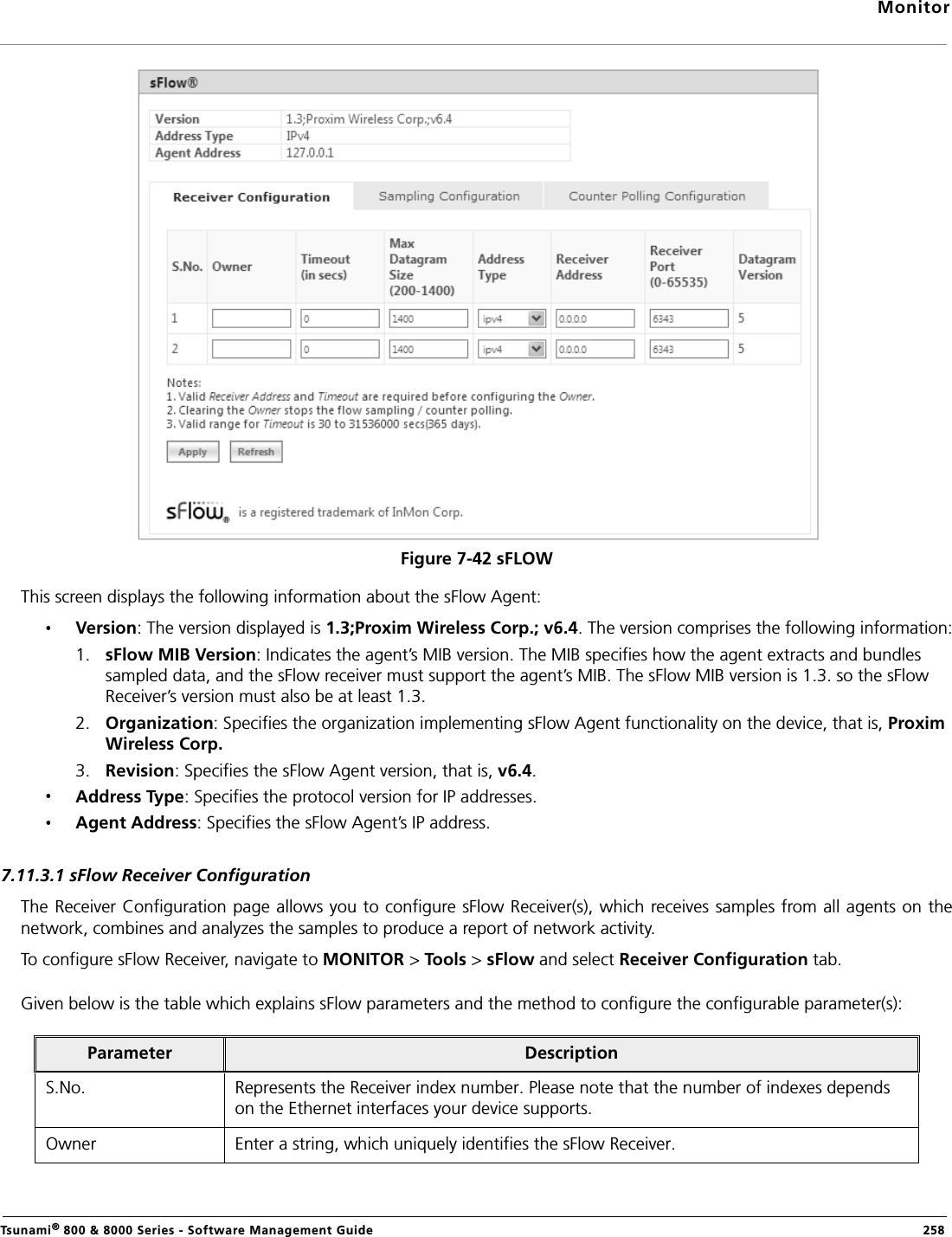 MonitorTsunami® 800 &amp; 8000 Series - Software Management Guide  258Figure 7-42 sFLOWThis screen displays the following information about the sFlow Agent:Version: The version displayed is 1.3;Proxim Wireless Corp.; v6.4. The version comprises the following information:1. sFlow MIB Version: Indicates the agent’s MIB version. The MIB specifies how the agent extracts and bundles sampled data, and the sFlow receiver must support the agent’s MIB. The sFlow MIB version is 1.3. so the sFlow Receiver’s version must also be at least 1.3.2. Organization: Specifies the organization implementing sFlow Agent functionality on the device, that is, Proxim Wireless Corp.3. Revision: Specifies the sFlow Agent version, that is, v6.4.Address Type: Specifies the protocol version for IP addresses.Agent Address: Specifies the sFlow Agent’s IP address.7.11.3.1 sFlow Receiver ConfigurationThe Receiver Configuration page allows you to configure sFlow Receiver(s), which receives samples from all agents on thenetwork, combines and analyzes the samples to produce a report of network activity.To configure sFlow Receiver, navigate to MONITOR &gt; Tools &gt; sFlow and select Receiver Configuration tab. Given below is the table which explains sFlow parameters and the method to configure the configurable parameter(s):Parameter DescriptionS.No. Represents the Receiver index number. Please note that the number of indexes depends on the Ethernet interfaces your device supports.Owner Enter a string, which uniquely identifies the sFlow Receiver.