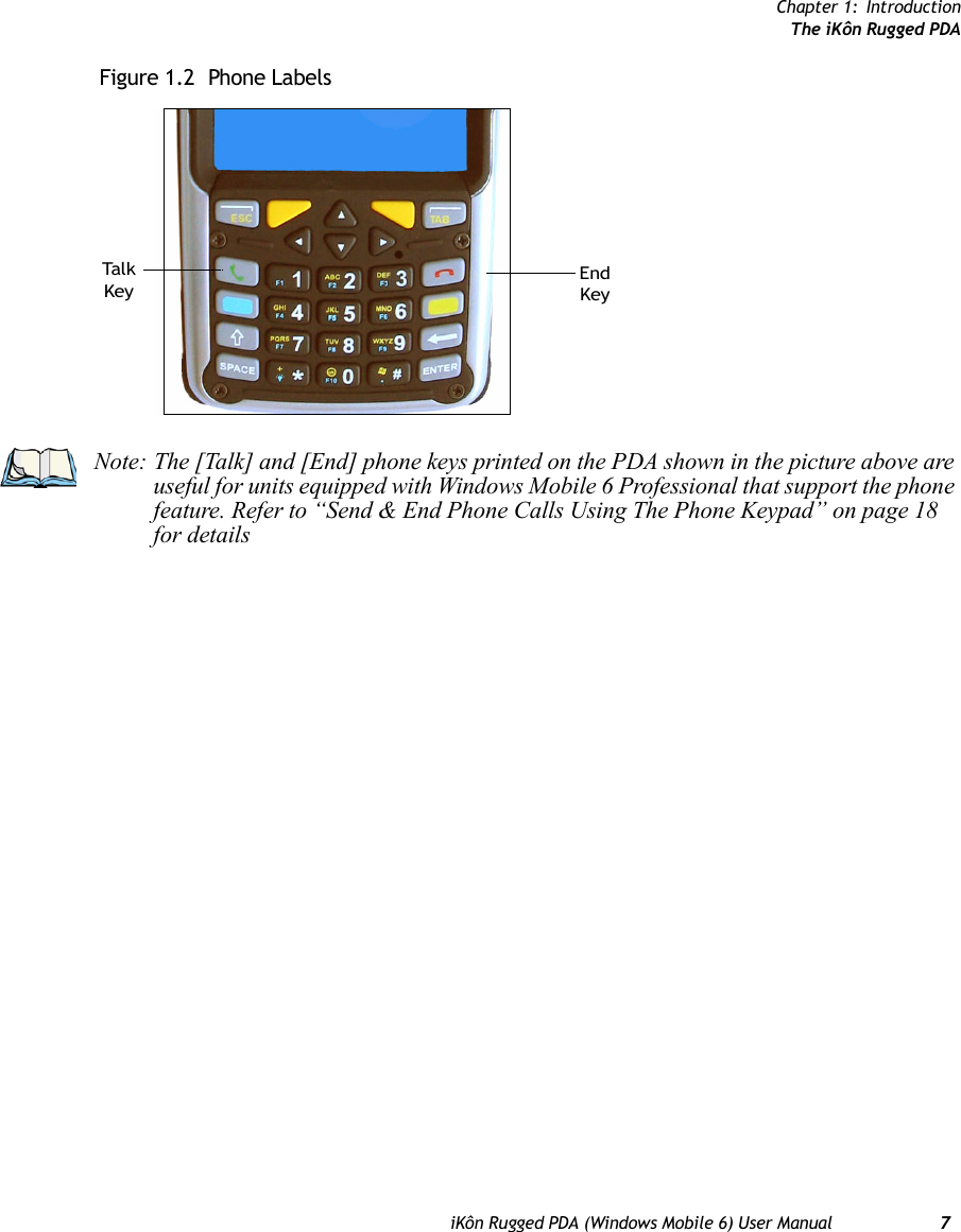 Chapter 1: IntroductionThe iKôn Rugged PDAiKôn Rugged PDA (Windows Mobile 6) User Manual 7Figure 1.2  Phone LabelsTalkKey KeyEndNote: The [Talk] and [End] phone keys printed on the PDA shown in the picture above are useful for units equipped with Windows Mobile 6 Professional that support the phone feature. Refer to “Send &amp; End Phone Calls Using The Phone Keypad” on page 18 for details