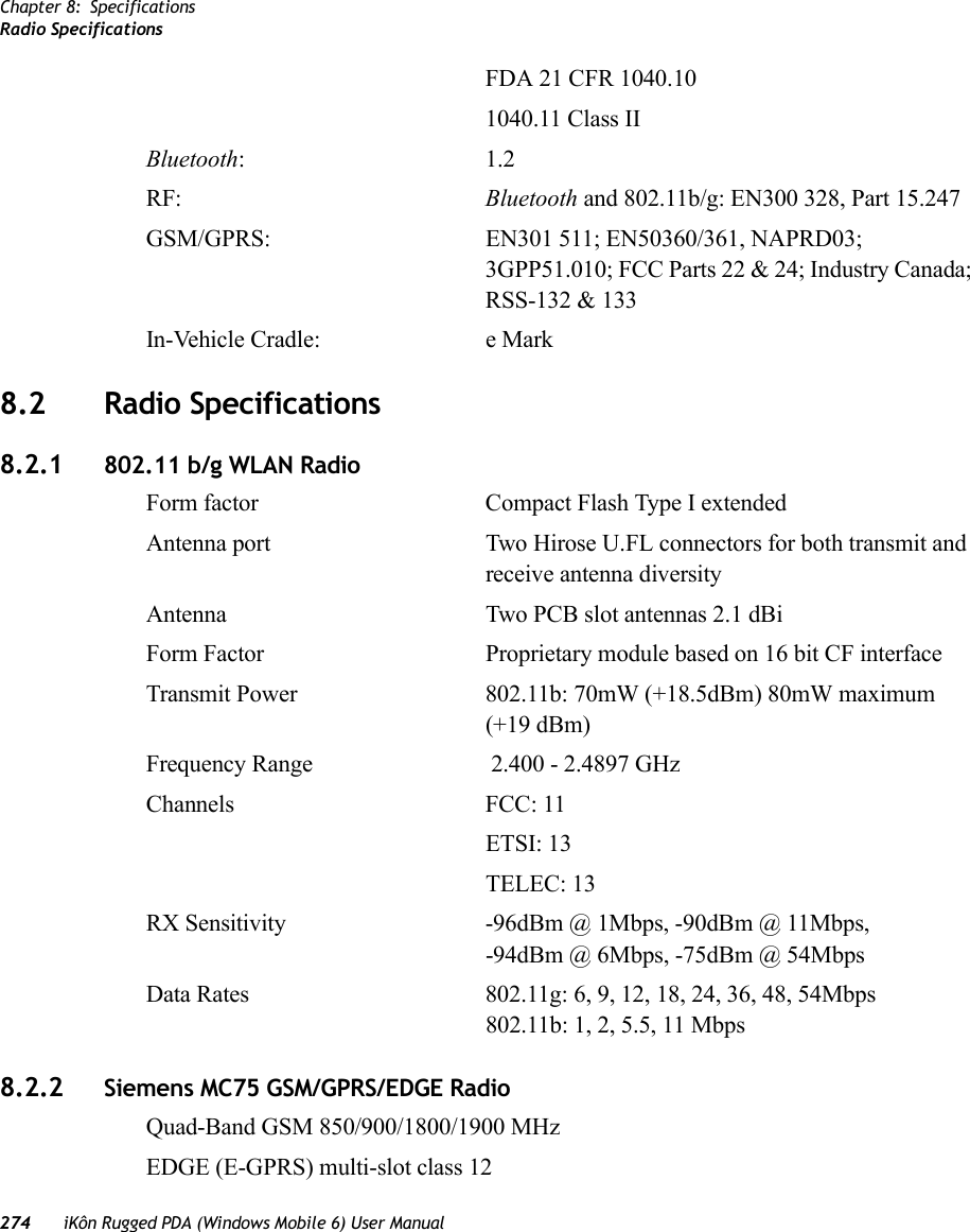 Chapter 8: SpecificationsRadio Specifications274 iKôn Rugged PDA (Windows Mobile 6) User ManualFDA 21 CFR 1040.101040.11 Class IIBluetooth: 1.2RF:  Bluetooth and 802.11b/g: EN300 328, Part 15.247GSM/GPRS:  EN301 511; EN50360/361, NAPRD03; 3GPP51.010; FCC Parts 22 &amp; 24; Industry Canada; RSS-132 &amp; 133In-Vehicle Cradle:  e Mark8.2 Radio Specifications8.2.1 802.11 b/g WLAN RadioForm factor Compact Flash Type I extendedAntenna port  Two Hirose U.FL connectors for both transmit and receive antenna diversityAntenna Two PCB slot antennas 2.1 dBiForm Factor Proprietary module based on 16 bit CF interfaceTransmit Power 802.11b: 70mW (+18.5dBm) 80mW maximum (+19 dBm)Frequency Range  2.400 - 2.4897 GHzChannels FCC: 11ETSI: 13TELEC: 13RX Sensitivity -96dBm @ 1Mbps, -90dBm @ 11Mbps,-94dBm @ 6Mbps, -75dBm @ 54MbpsData Rates 802.11g: 6, 9, 12, 18, 24, 36, 48, 54Mbps802.11b: 1, 2, 5.5, 11 Mbps8.2.2 Siemens MC75 GSM/GPRS/EDGE RadioQuad-Band GSM 850/900/1800/1900 MHzEDGE (E-GPRS) multi-slot class 12